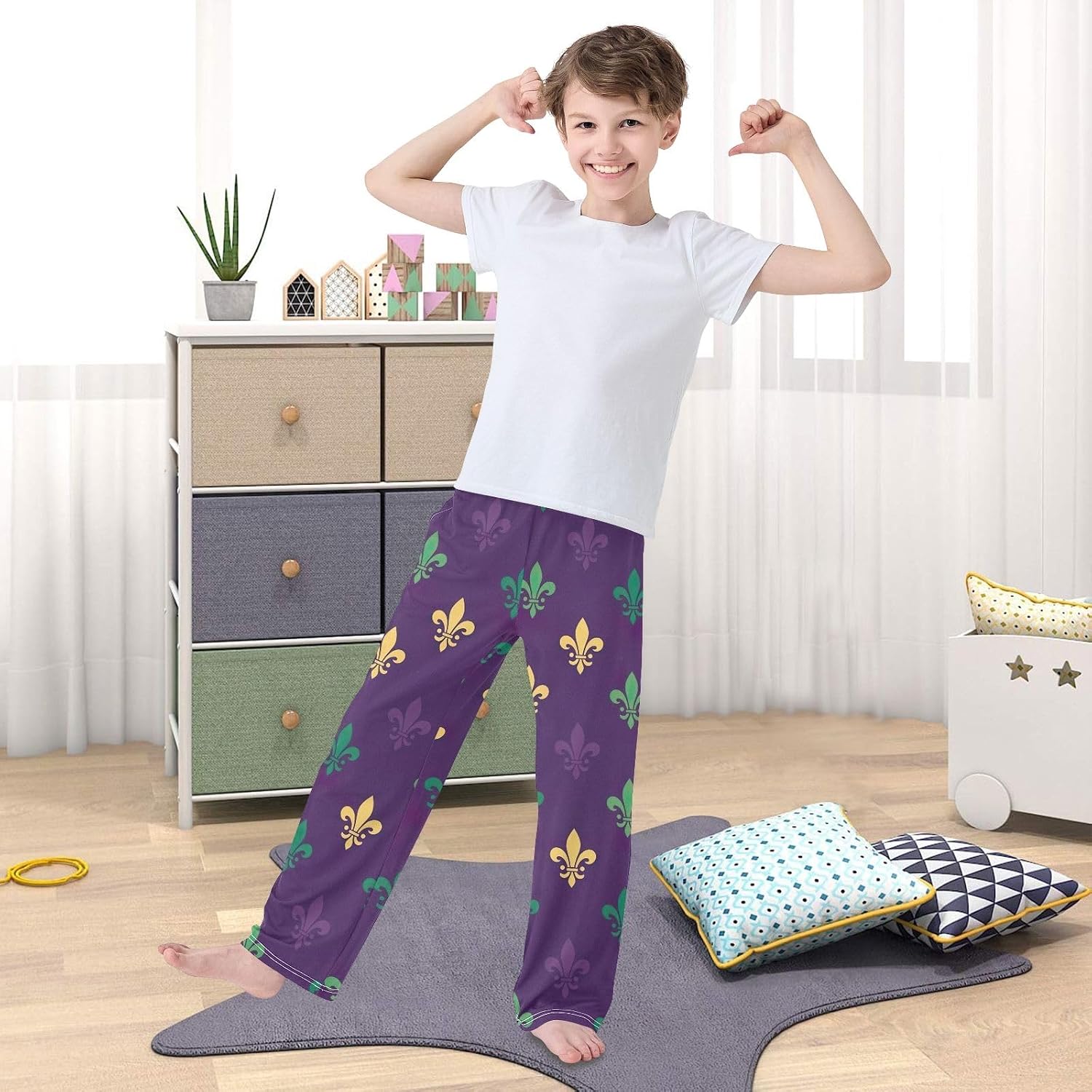Retro Fleur de Lis Purple Pajama Pants, Soft Modal Lounge Sleepwear with Elastic Waist & Pockets