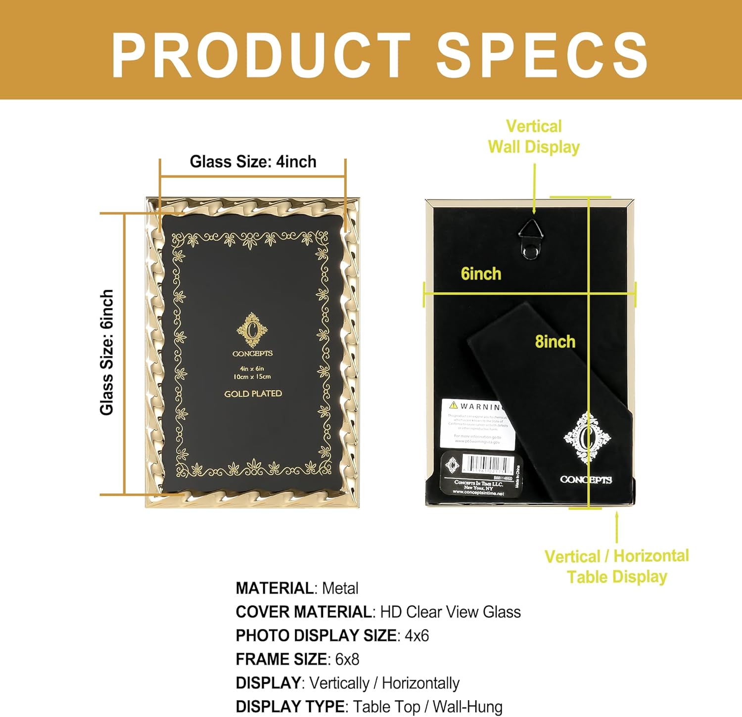 Concepts Set Of 6-4x6 Gold Twist Textured Metal Picture Frames for Family Photos - Elegant Wallhung and Tabletop Decor in Bulk