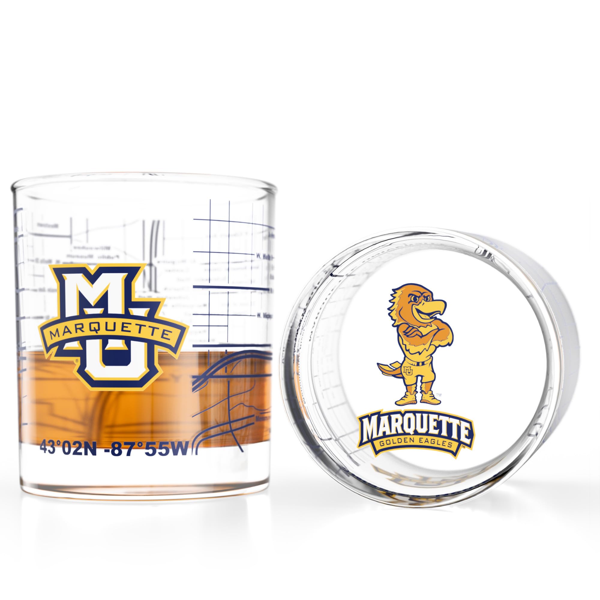 Greenline Goods University of Marquette Golden Eagles Whiskey Glasses Set of 2, 10 oz Rocks Glasses with Full-Color Logo &amp; Campus Map – Officially Licensed Bourbon Glass Gift for Alumni &amp; Fans