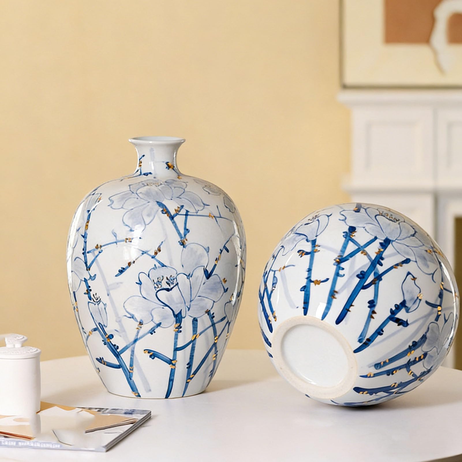 Niebiesko-biały wazon porcelanowy – ręcznie malowana ceramiczna urna na kwiaty w stylu chińskim do wystroju domu, dekoracji salonu i akcentu w przedpokoju,C