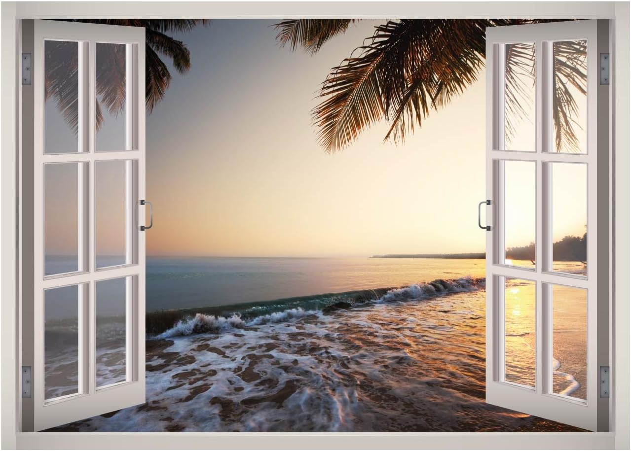 West Mountain Beach Water View Window 3D Wall Decal Art Removable Wallpaper Mural Sticker Vinyl Home Decor W65 (Large (49''W x 35''H))
