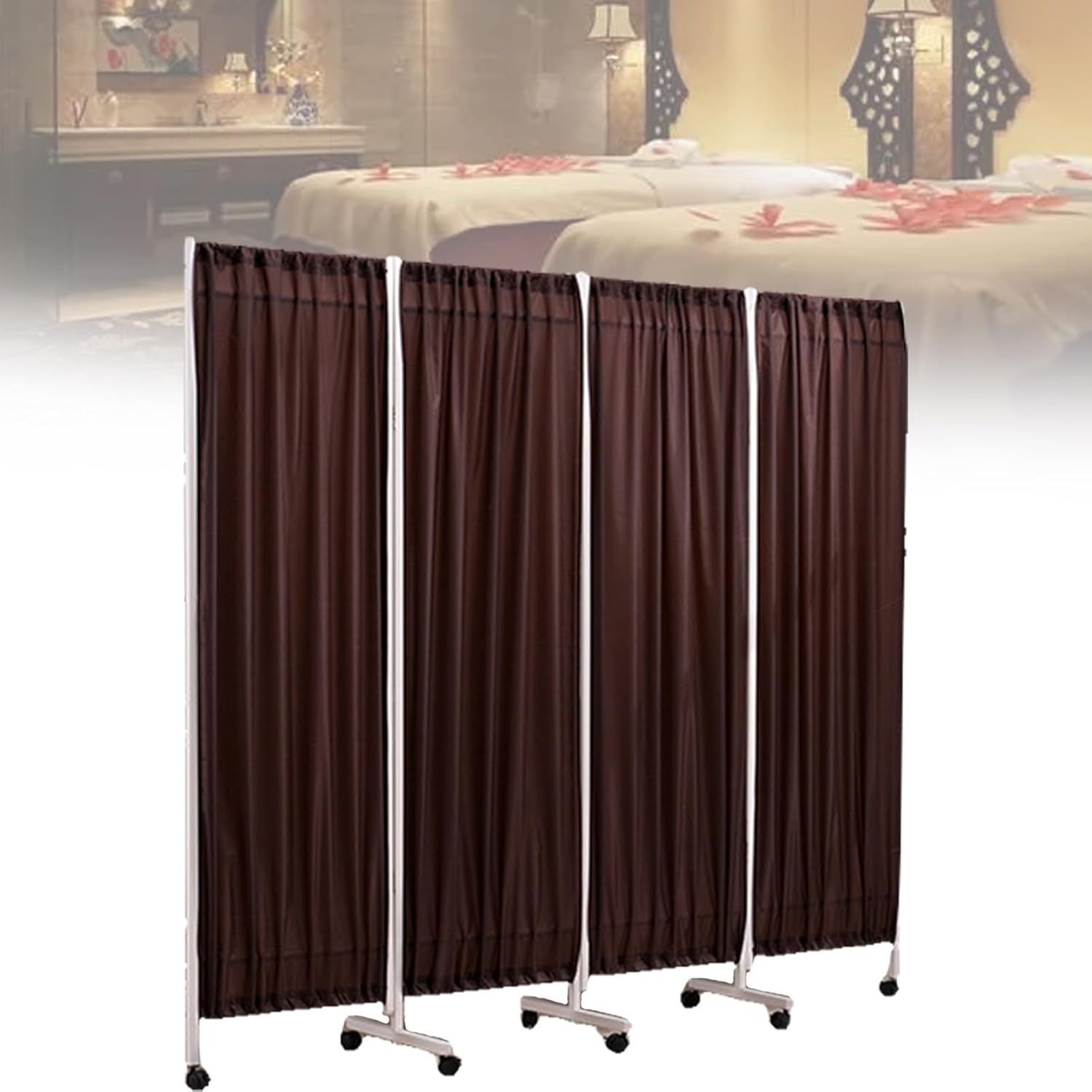 Folding Rolling Privacy Screen, Medical Privacy Screen On Wheels, 6ft Tall Foldable Room Divider Temporary Fence for Clinic/Patient/Exam Room,Brown