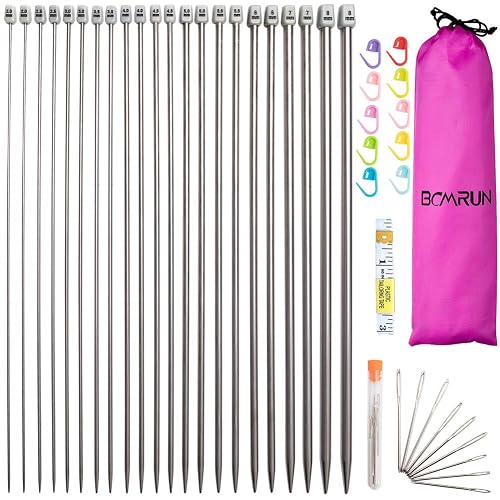 BCMRUN Knitting Needle Set, 22PCS 2mm(B)-8mm(L) Straight Single Pointed Stainless