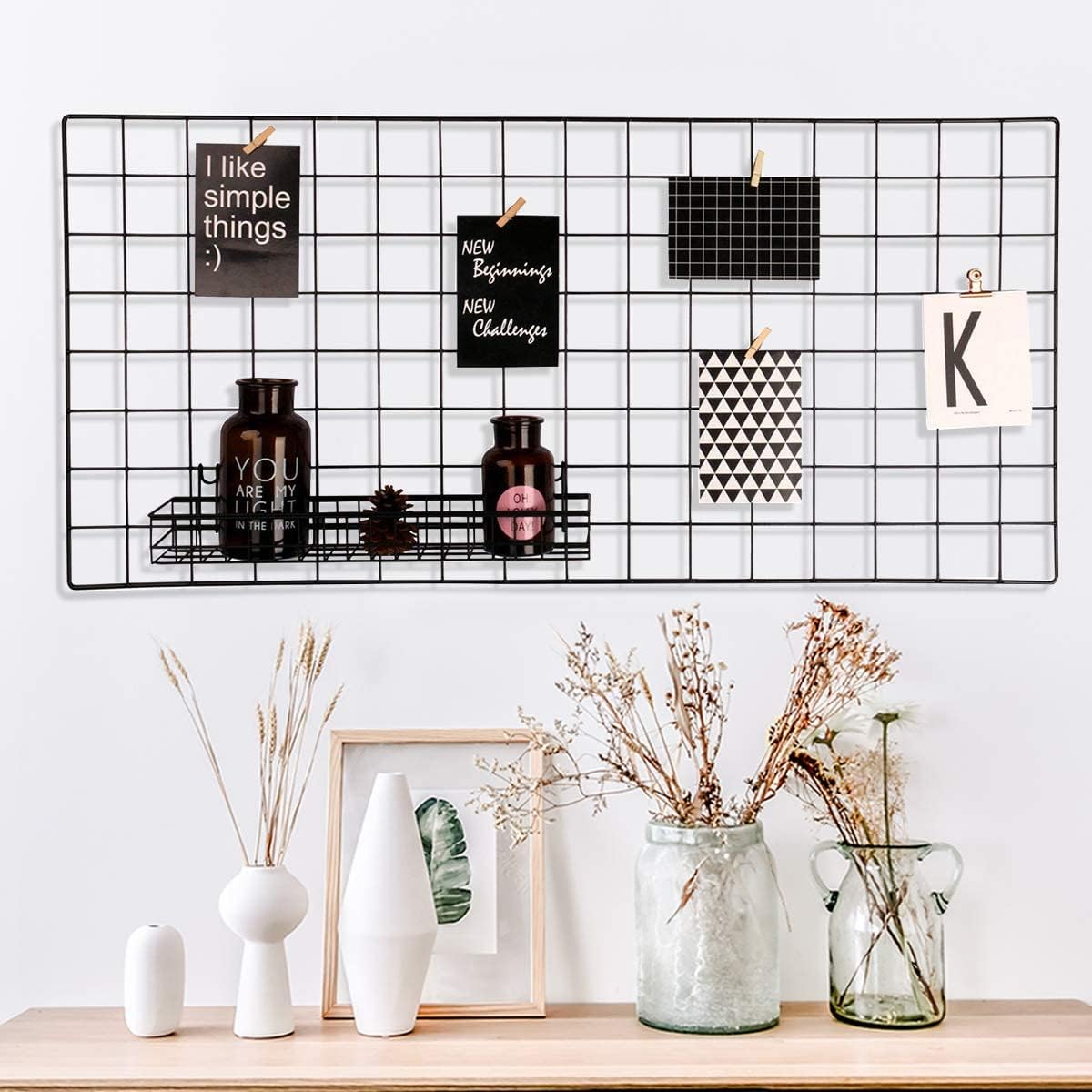Pulatree Grid Photo Wall, Wire Wall Grid Panel for Photo Hanging Display Metal Grid Wall Decor Organizer Mesh Panels Display Wall Storage 37.4 x 17.7 inch - Black
