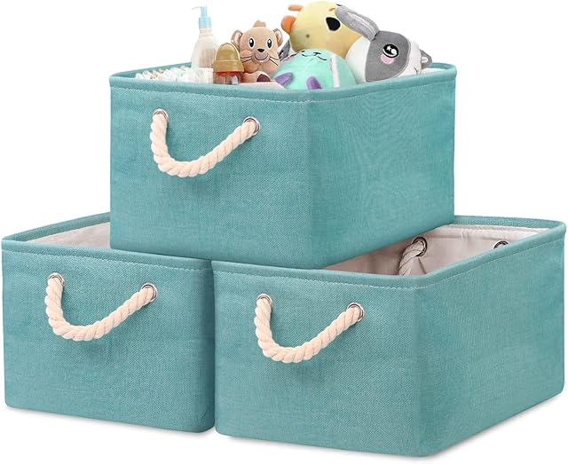 Newthinking Large Storage Box, 3 PCS Fabric Wardrobe Storage Basket with Handles, Waterproof Foldable Storage Baskets Organiser for Toys, Clothes, Office Products(Green), Blue