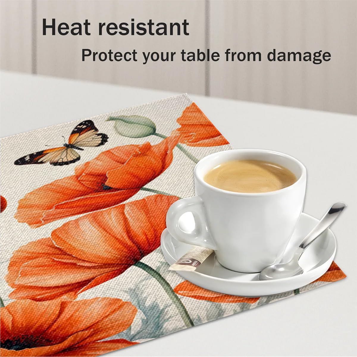 Poppy Butterfly Flower Placemats Set of 6 Non-Slip Heat Stain Resistant Place Mats Wipeable Dining Table Mats for Party Kitchen Dining Table Indoor Outdoor Decoration