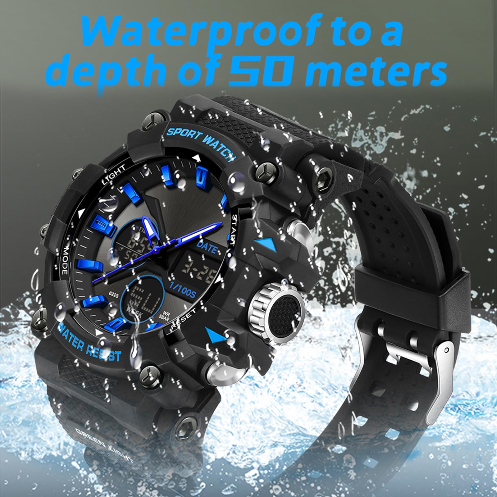 Montre militaire pour homme - Montre numérique - Analogique - Pour homme et garçon - Multifonction - Réveil - Montre militaire - Montre numérique LED - Étanche jusqu'à 5 ATM