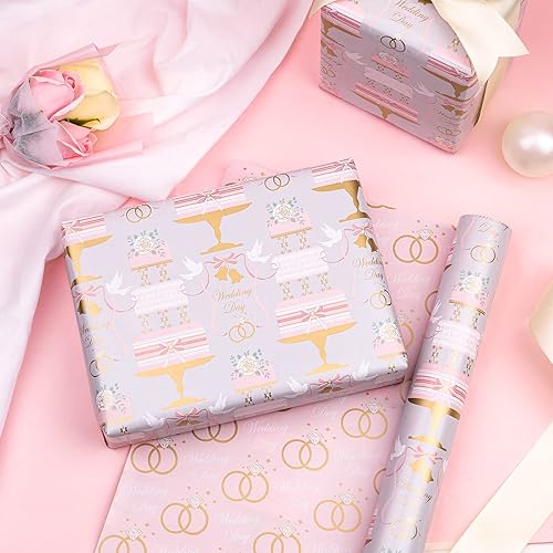 Miniatura 8 de WRAPAHOLIC Rollo de papel reversible para envolver bodas, mini rollo, 17 pulgadas x 33 pies, diseño floral de pastel y anillo, perfecto para bodas,
