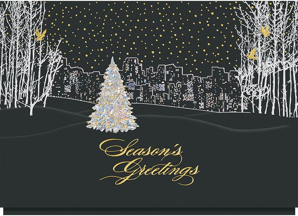 The Gallery Collection, 25 Personalized Christmas Cards with Foil-Lined Envelopes (Bright City Lights), For Business or Consumer