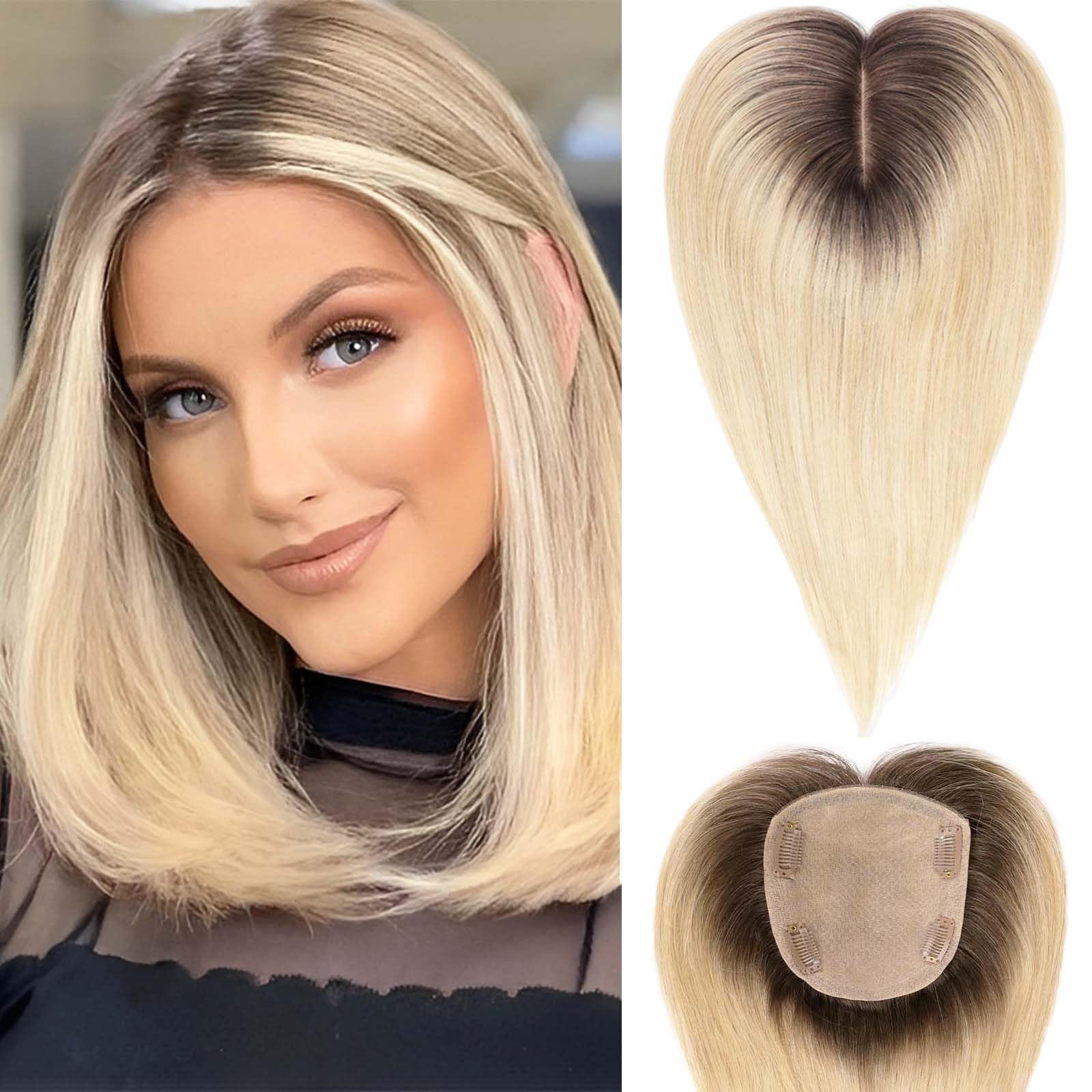 HAIRCUBE 5"*5.5" Large Base Hair Toppers for Women Real Human Hair Topper, 12 inch Ombre Light Blonde 100% Human Hair Topper, No Bangs for Women with