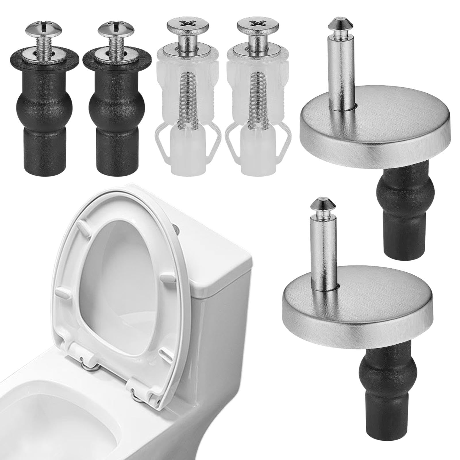 6Pcs Quick Release Toilet Seat Fixings, Universal Soft Close Hinge Replacement Kit with Expanding Rubber Bolts for Blind Hole, Stainless Steel Hardware Toilet Hinge Screws Fittings