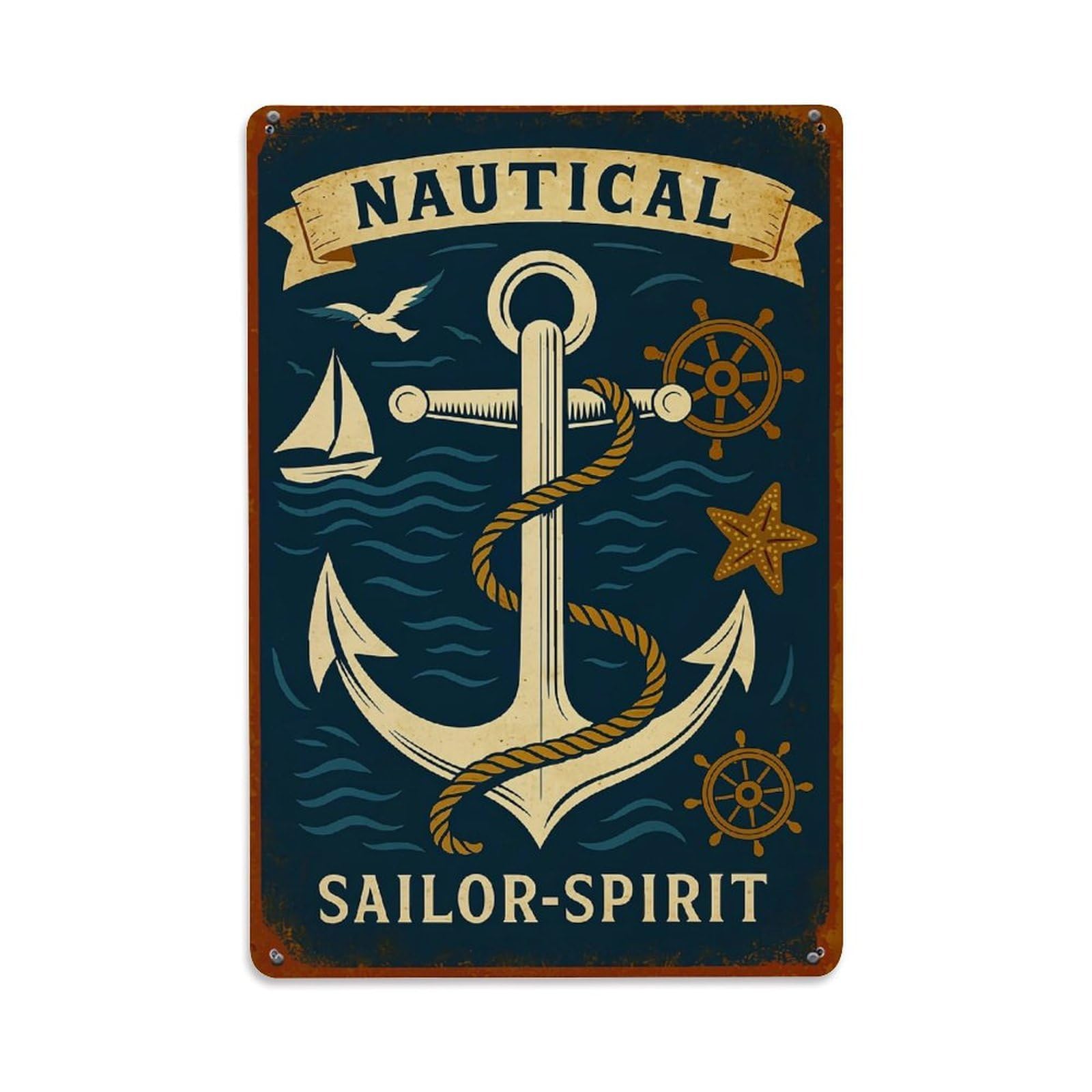 Jdfenggu Vintage Nautical Anchor Rope Sailboat Starfish Retro Metal Tin Sign, Decor Art Poster For Bar, Home, Man Cave, Kitchen, Laundry Room Gift 8X12inch