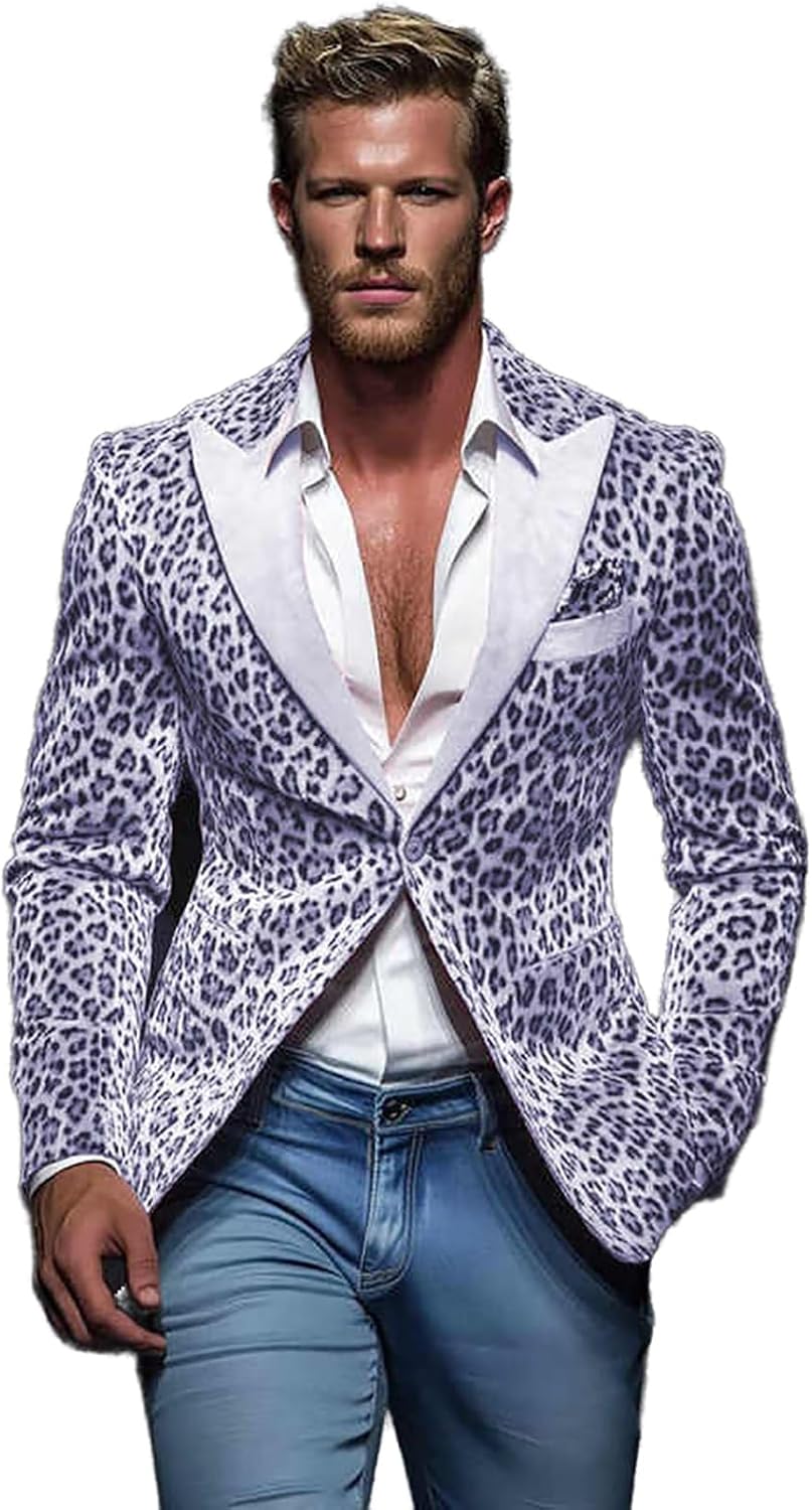 Trendy Men's Leopard Print Velvet Blazer One Button Peak Lapel Formal Wedding Fashion Show Party Suit Jacket