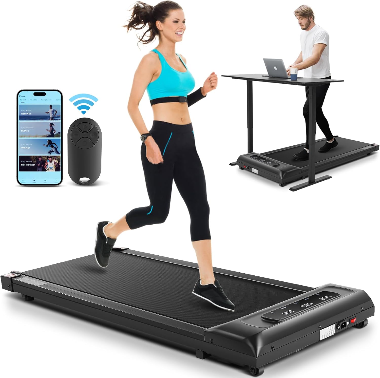 sytiry Smart Walking Pad Treadmill in use, showing a person running and another person walking at a standing desk.