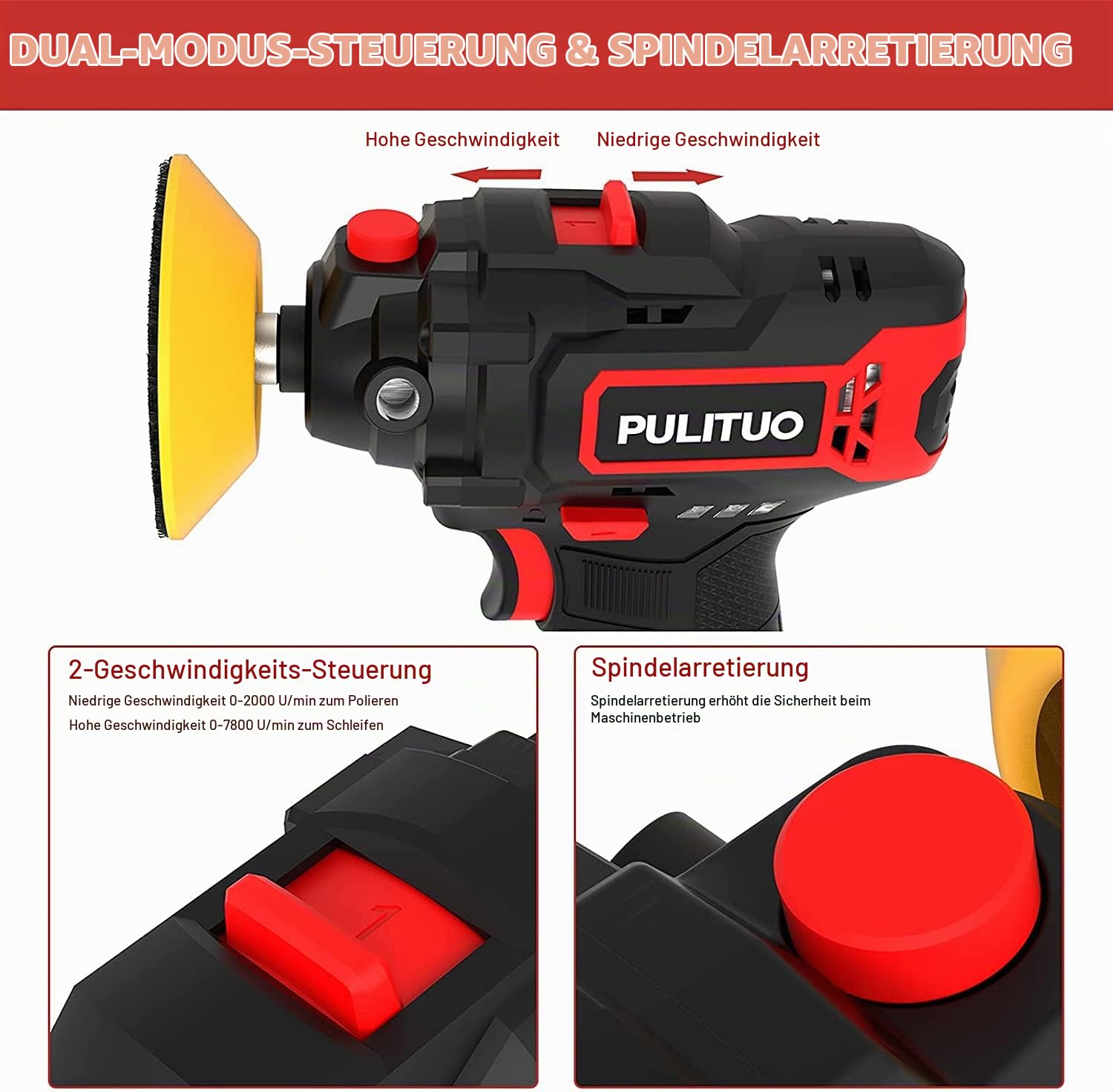 PULITUO Poliermaschine, 12V 2.0Ah Akku Polierer Variable Geschwindigkeit Politur 2600-7800RPM, 75mm Polierer 5 Schleifpapier 2 Schwämme 1 Wollscheibe, mini poliermaschine auto für Auto, Boot, Möbel