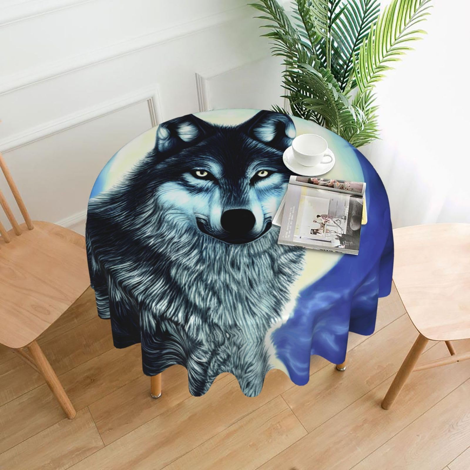 YYHHAOFA wolf under moon Prints 60in Round Decorative Tablecloth – High-Grade Polyester Throw Cover for Dining, Parties, and Outdoor Events