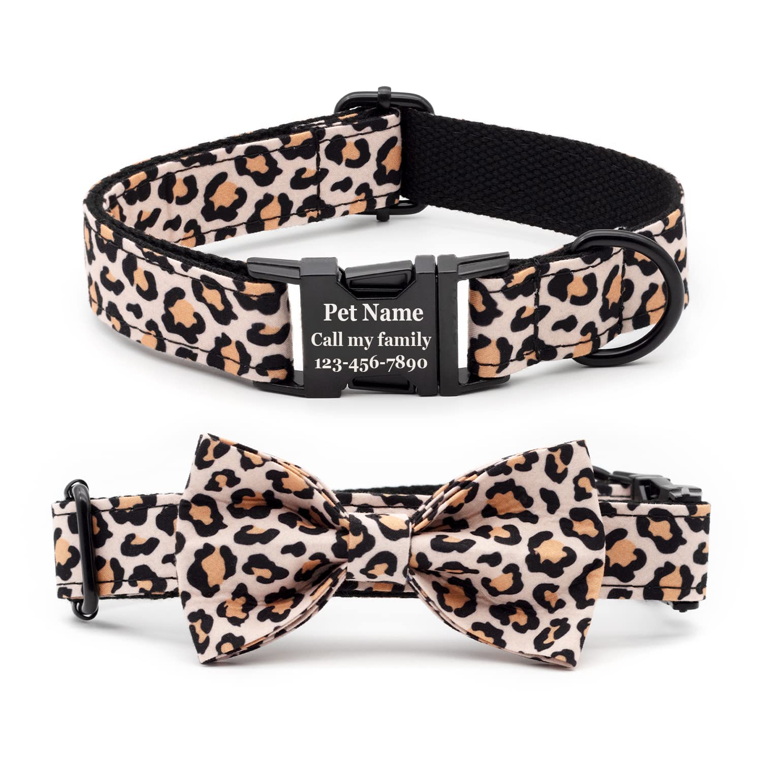 Personalized Dog Collar with Bowtie, Classic Custom Engraved Collar with Customized Text for Large Medium Small Dogs (Brown Leopard Print - Black