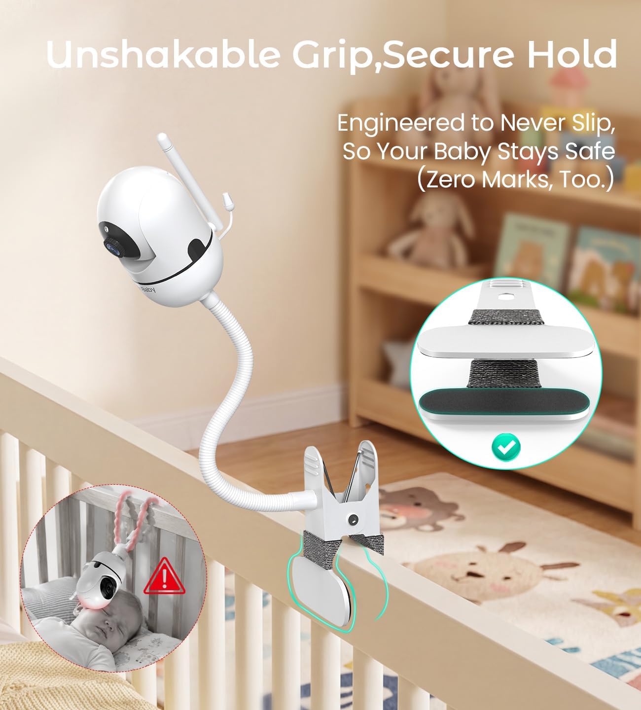 Flexible Baby Monitor Mount for HelloBaby HB6550,HB6550Pro,HB6560,HB65,HB6351,HB40,HB6339,HB6336,ANMEATE SM935E,1/4" Thread Cameras,8" Gooseneck Clip Monitors Holder,No Wall Damage