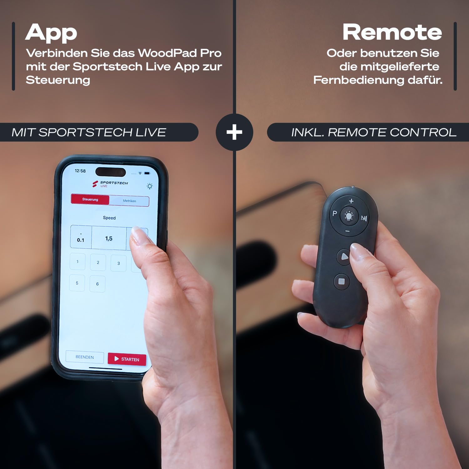 Sportstech Walking Pad Echtholz, 150kg, klappbar fürs Büro, 8 km/h, App | Fürs Home Office, Schrittzähler, unter dem Schreibtisch, kompakt, LED-Display, Bluetooth, gelenkschonend, WoodPad Pro