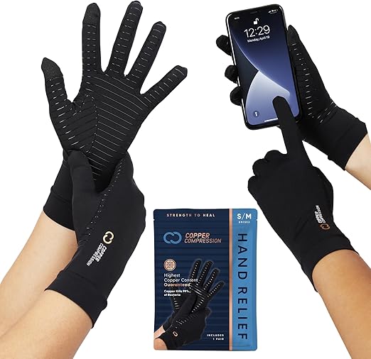 Copper Compression Full Finger Arthritis Gloves - Palm Grips - Touch Screen Fingertips - Compression Support for Carpal Tunnel, Pain Relief, Tendonitis - Fits Men & Women - 1 Pair - L