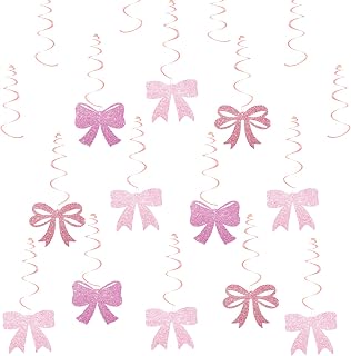 Pink Bow Hanging Swirls, Coquette Hanging Decoration for Girl Birthday, Pink Bow Birthday Streamers, Coquette Baby Shower/Bridal Shower/Bachelorette Party Favors - Rose Gold Glitter