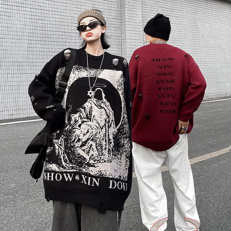 Harajuku Destroyed Hip Hop Destroyed Ripped Crewneck Pullovers Knitwears Sweaters Men Black3
