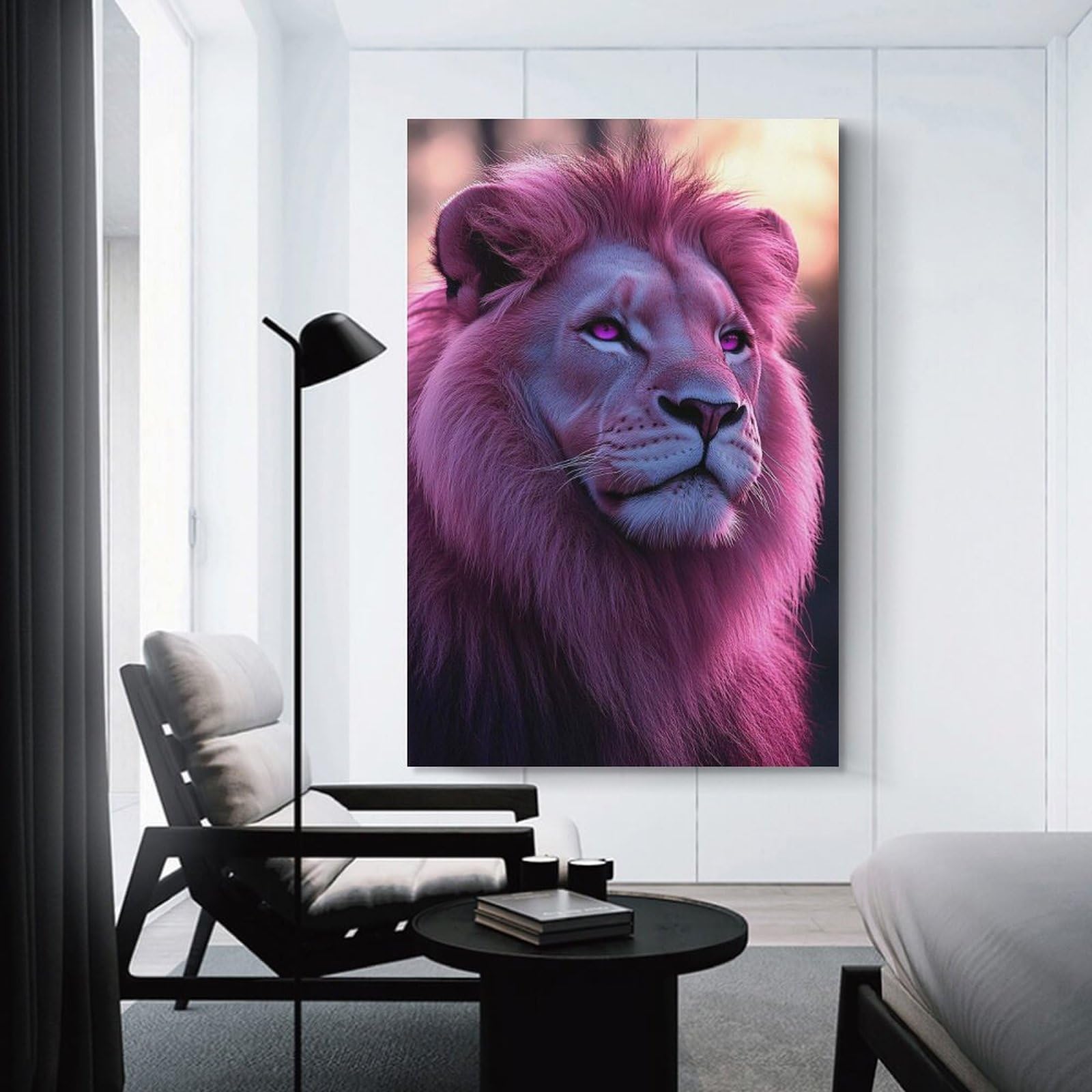 Junmoney Pink Lion with Purple Eyes Wall Art Print, 24x36inch(60x90cm), for Entryway, Lounge Links Or Small Walls, Decorative Wall Art for Narrow Spaces