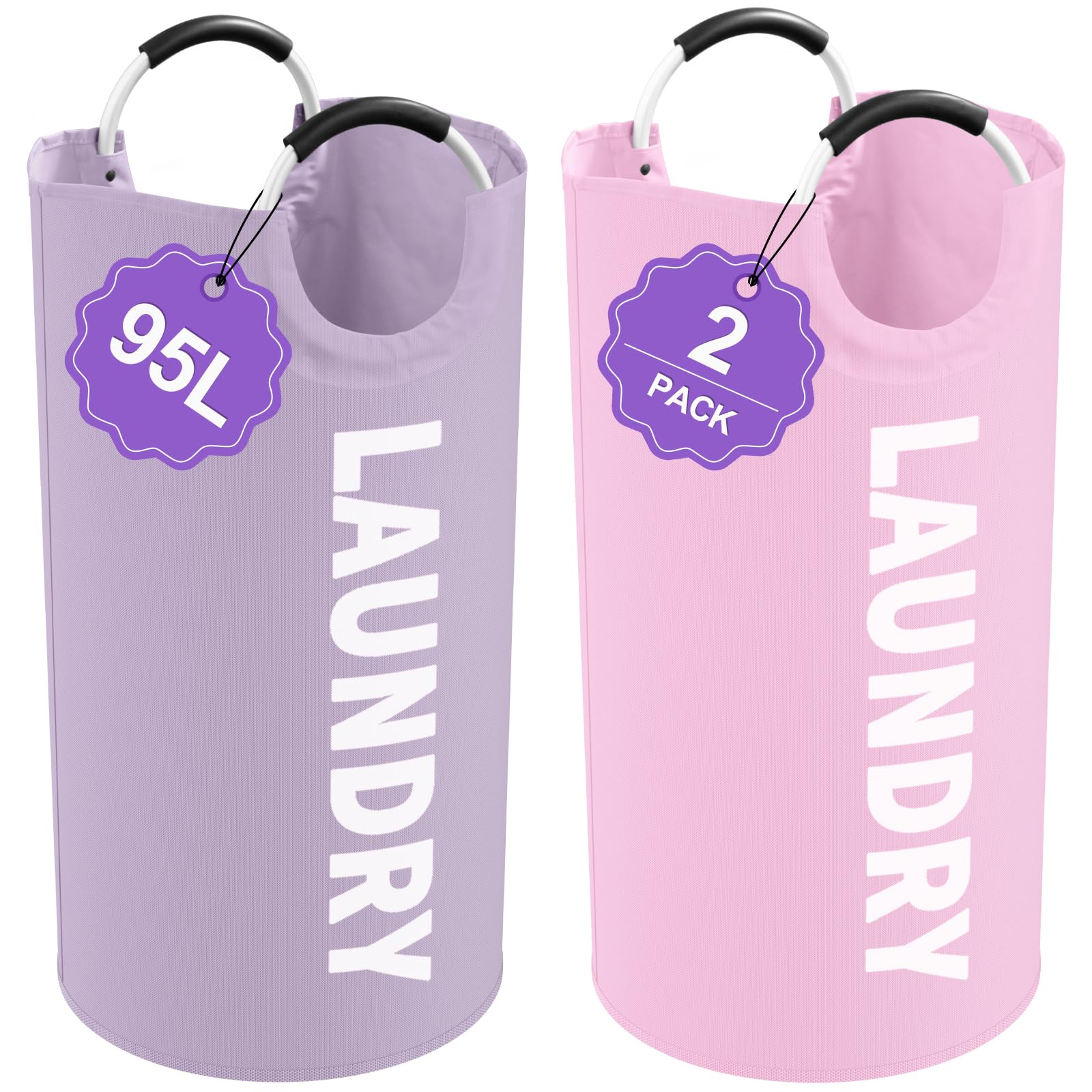 2Pcs 95L Purple + Pink Laundry Basket, Folding Laundry Hampers for Women with Soft Handles, Freestanding Dirty Clothes Basket, Sturdy Oxford Fabric Clothes Hampers for Travel, Dormitory