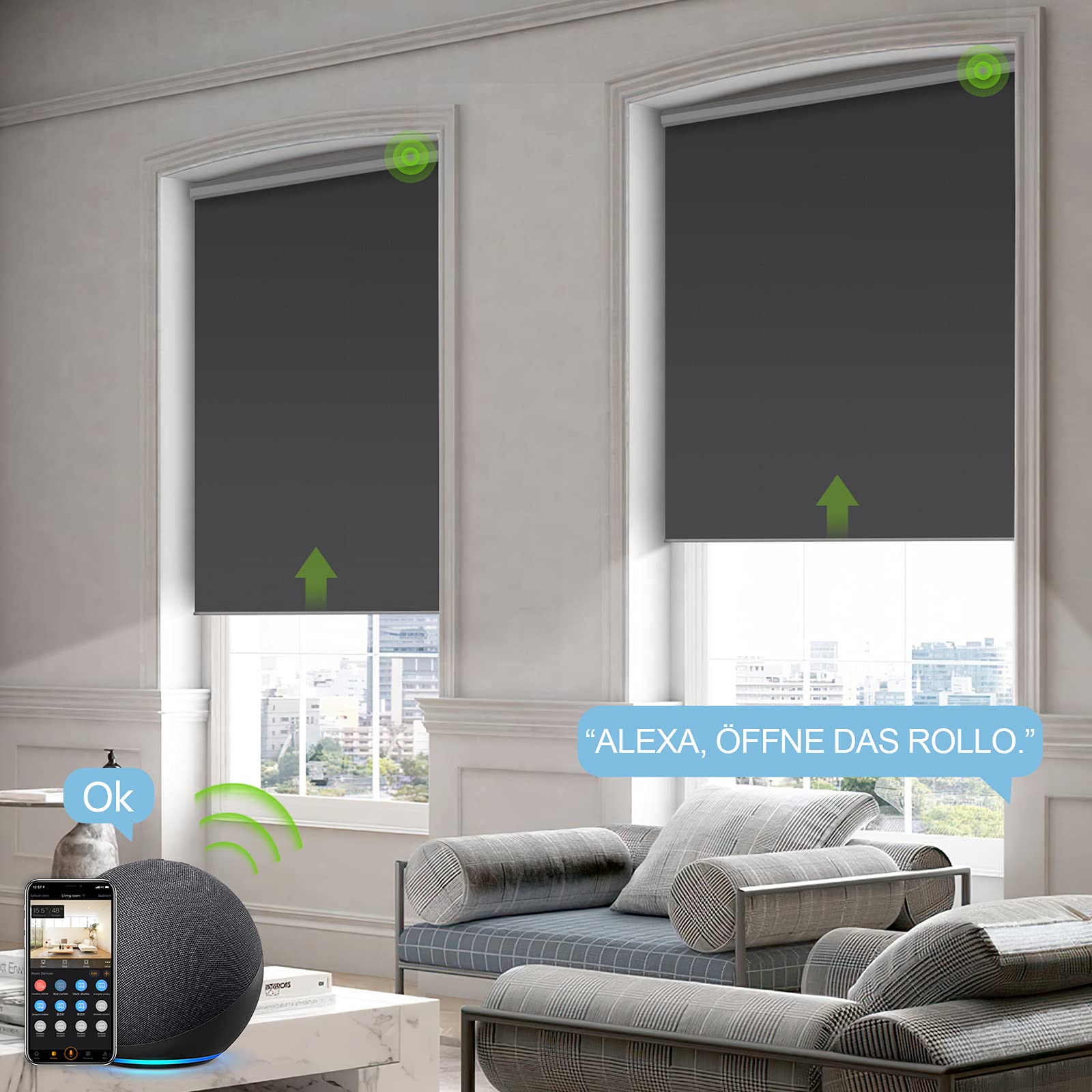 Inteligentne elektryczne rolety z pilotem zdalnego sterowania, kompatybilne z Google Home, ładowalne, wodoodporne, 100% zaciemnienia, niestandardowy rozmiar (ciemnoszare)