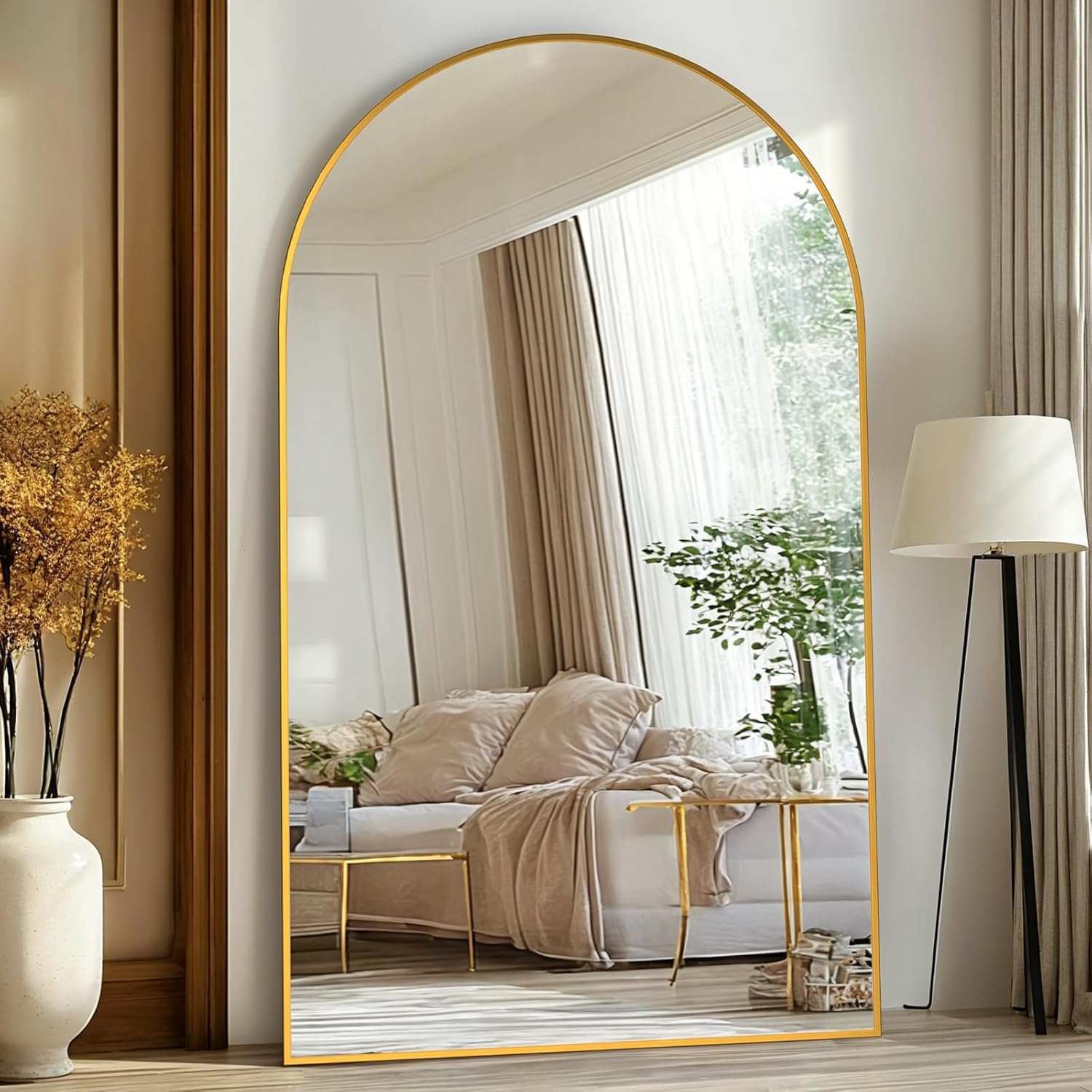 full length mirror, 91"x46" oversized floor mirror freestanding, full body floor standing mirrors with stand, hanging mounted for bedroom living room, gold, arched style