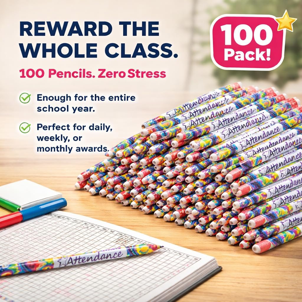 Anderson's, Perfect Attendance Paint Splatter Pencils, Set of 100, School Pencils, Student Awards, Recognition, Teacher, Principal, Classroom Essentials