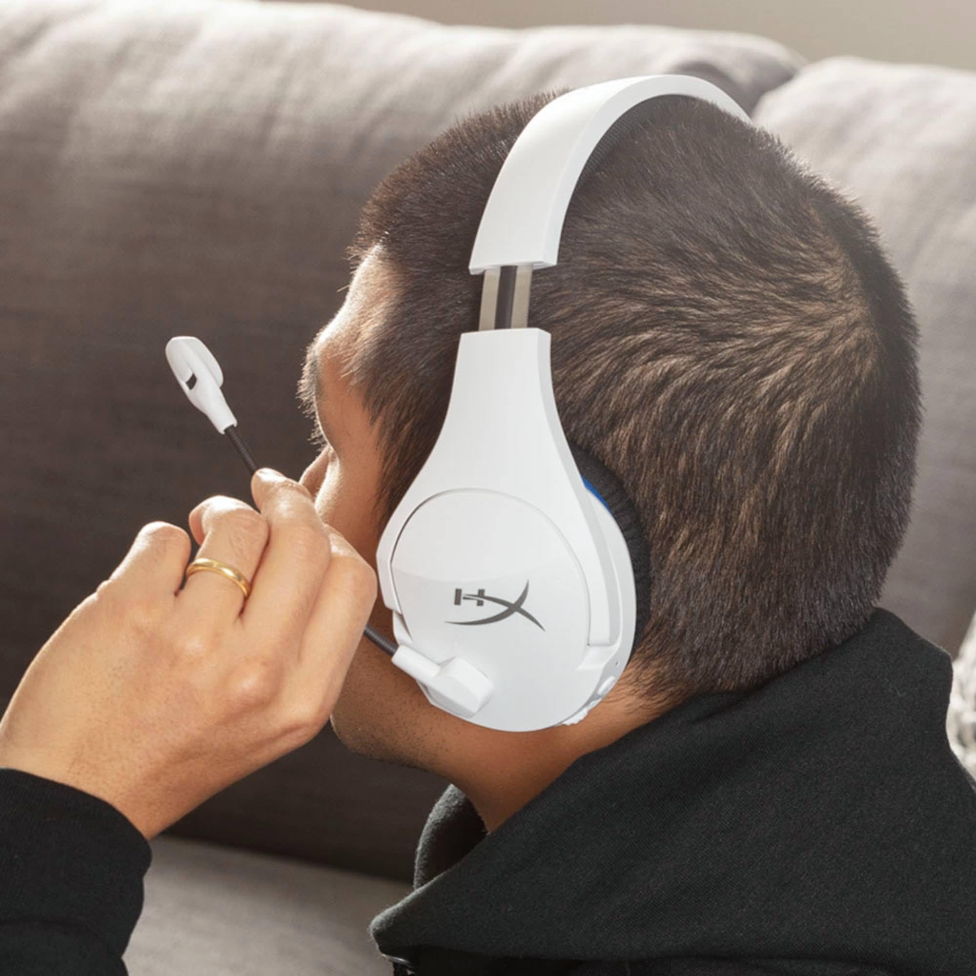 HyperX Stinger Core, Cuffie da Gaming senza Filo, Connessione a 2,4 GHz, Telaio in Acciaio, Cuscinetti in Memory Foam Rivestiti in Tessuto, Autonomia 17 Ore, Adatto per PC, PS4 e PS5, Bianco/Blu
