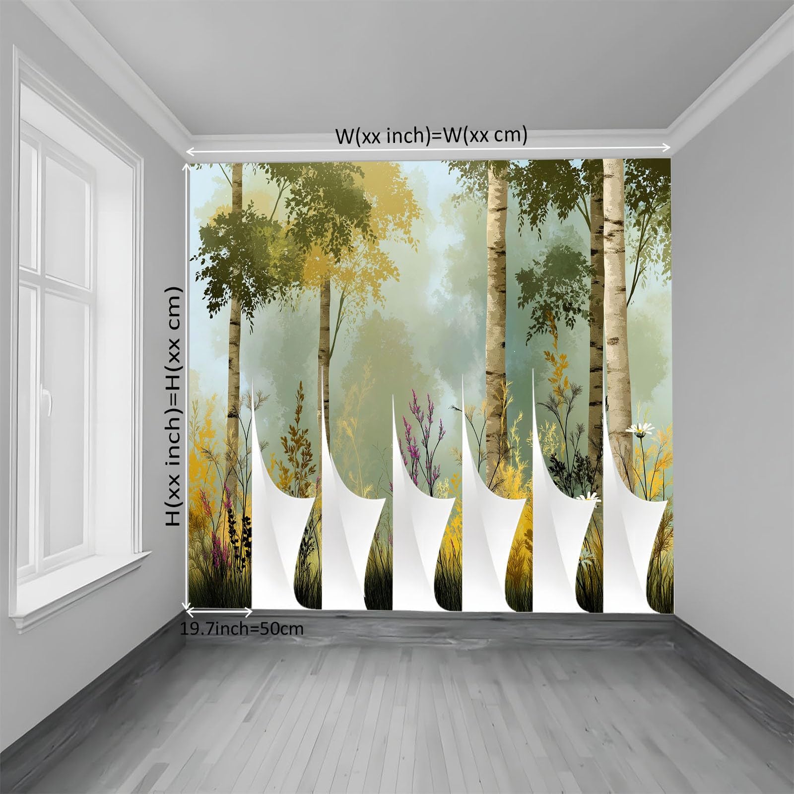 Fototapety ręcznie rysowane lasy dzikie kwiaty brzozy 350 x 256 cm tapeta z włókniny, zielona fototapeta do salonu sypialni biura dekoracja ścienna mural