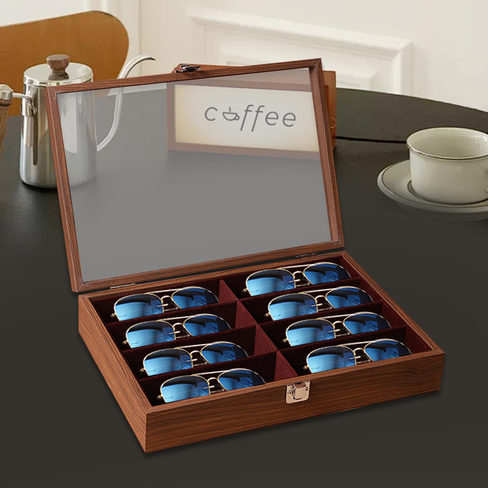 Brille Aufbewahrung Tablett aus Holz mit 8 Fächern Brillenbox Sonnenbrillenhalter Schmuckständer Samt Innenfutter für Zuhause Geschäft Schminktisch