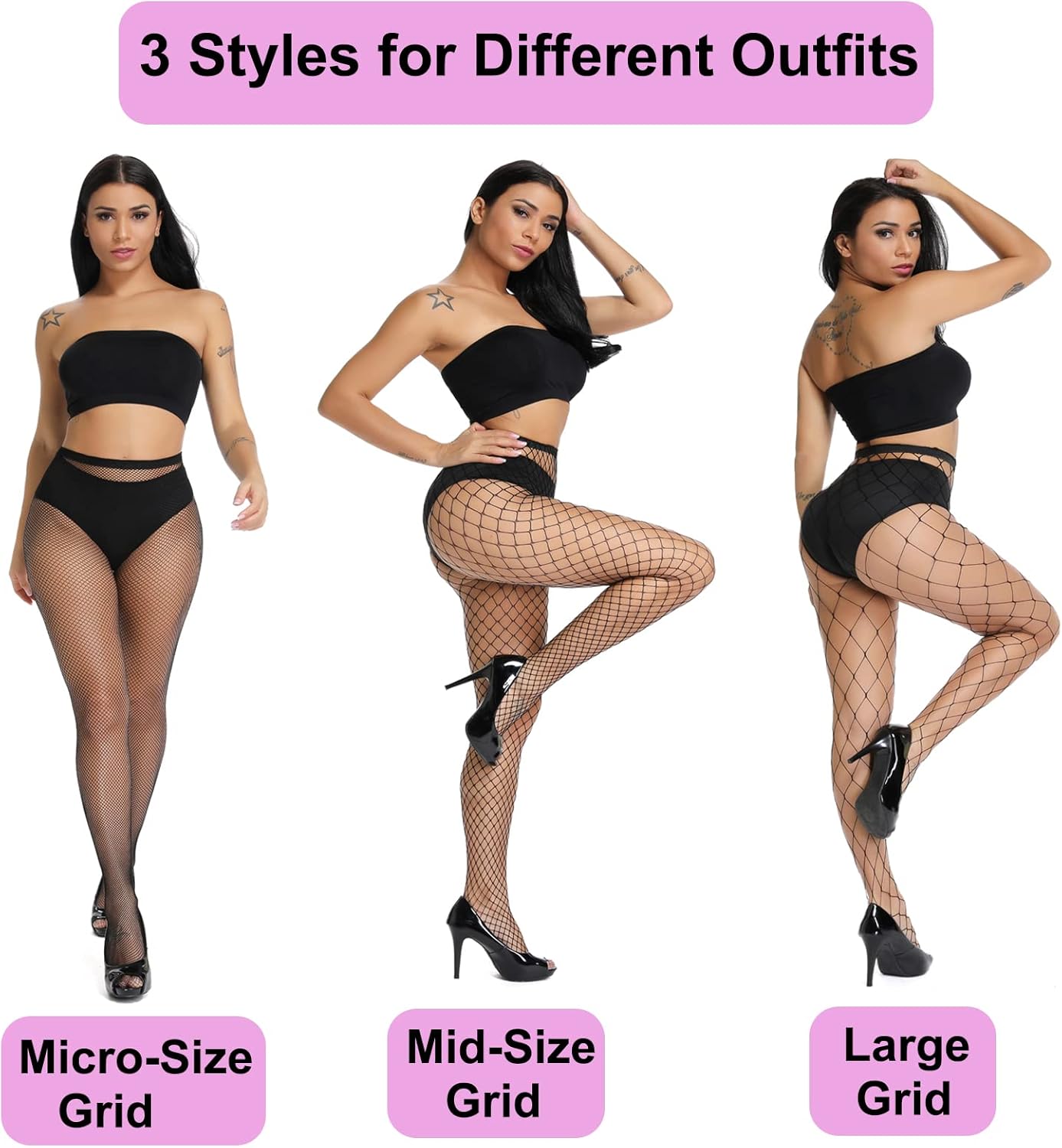 akiido Fishnet Stockings, High Waist Tights for Women, Sparkle Rhinestone Fishnets Party Rhinestone Mesh Stockings Pantyhose One Size Black03-3pairs-large&mid&mini Grid