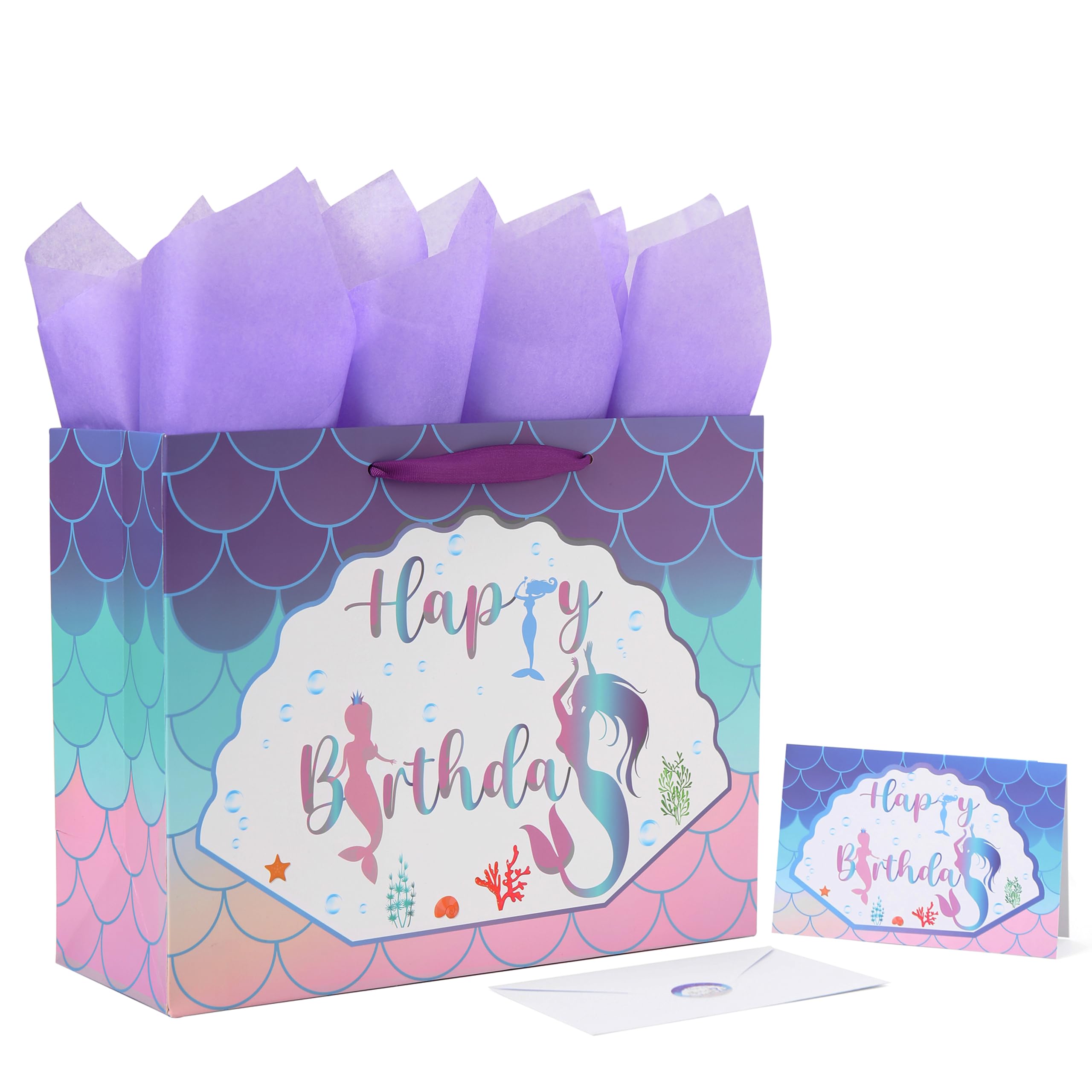 Qirrmiy 13" Large Purple Gift Bag Set with Greeting Card and Lavender Tissue Papers (Mermaid Design) for Girls' Birthday Party, Women's Birthday Parties, Baby Girl - 13”x5.2”x10.2”, 1 Pcs.