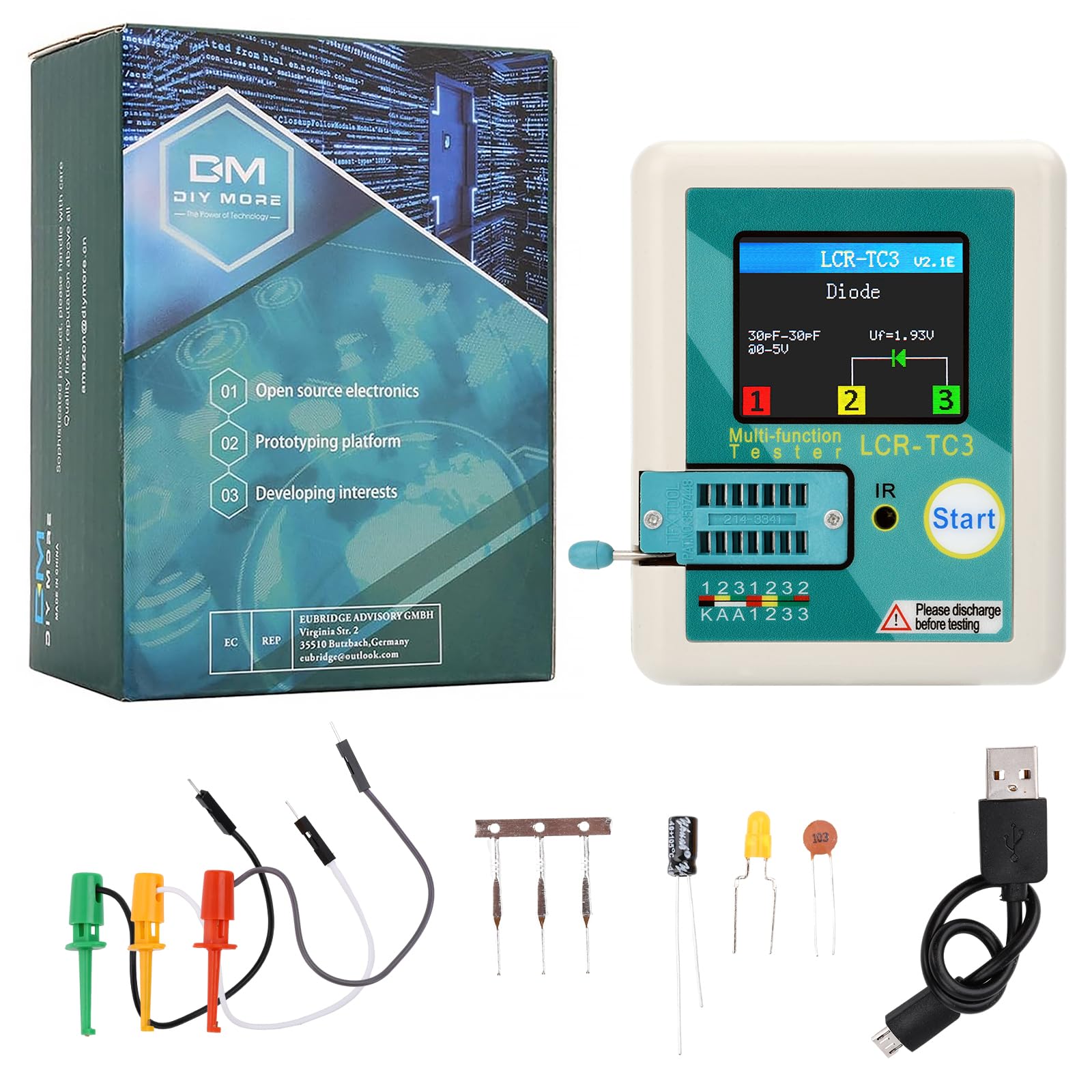 diymore Tester Transistor LCR-T3,Transistor Multifunzione TFT con Funzionamento a un tasto,Display Grafico,Spegnimento Automatico per Diodi Triodici,Resistore,Transistor ESR NPN PNP MOSFET