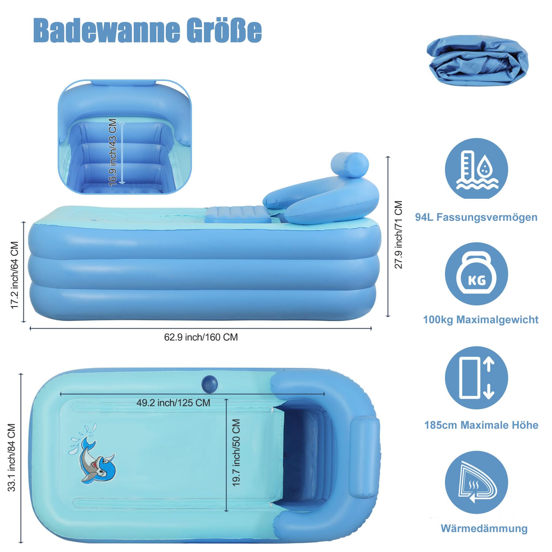 NArra Aufblasbare Badewanne für Erwachsene, Faltbare Kunststoffbadewannen für die Dusche, Tragbare freistehende Badewanne, Innen- und Außenbadewanne, Leicht aufzublasen mit elektrischer Luftpumpe