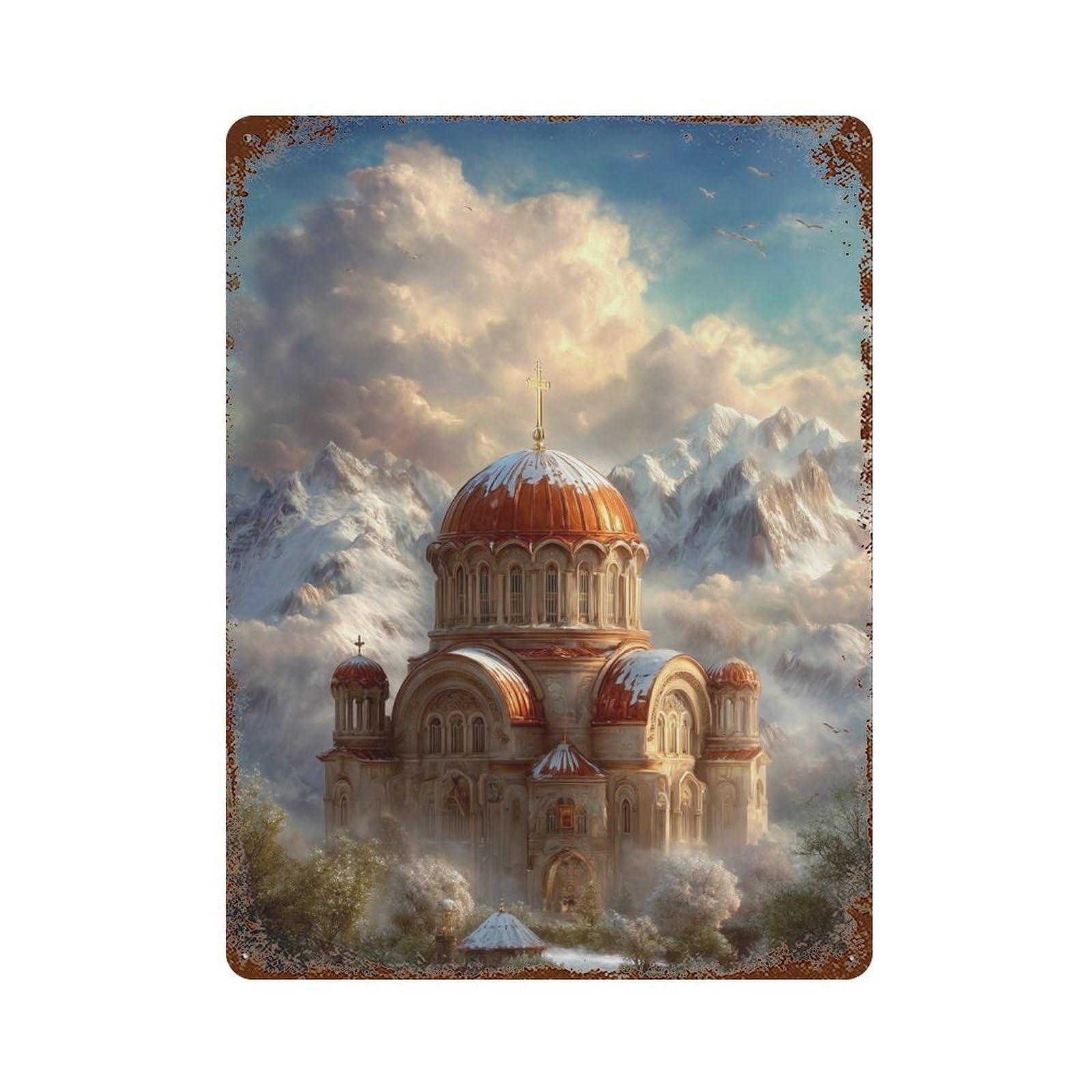Golden Dome Church in Snowy Mountains 15.7"x11.8" Decorative Tin Sign, Farmhouse Wall Decor for Farmhouse, Kitchen And Entryway Decor