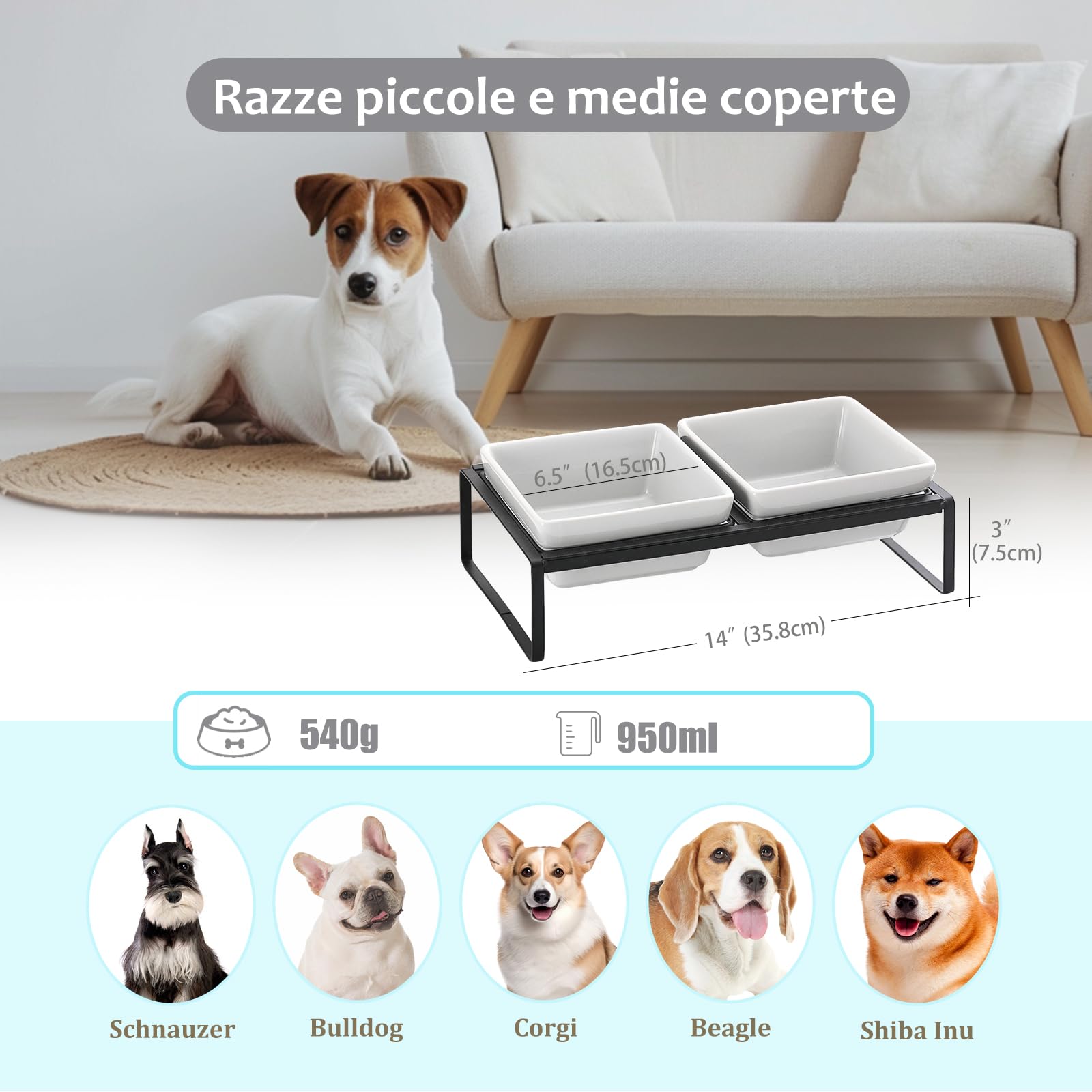 Ciotole per Cani Rialzate in Ceramica - Doppia Ciotola Cane Taglia Media - Ciotola per Cani con Supporto - 2 × 1000 ml