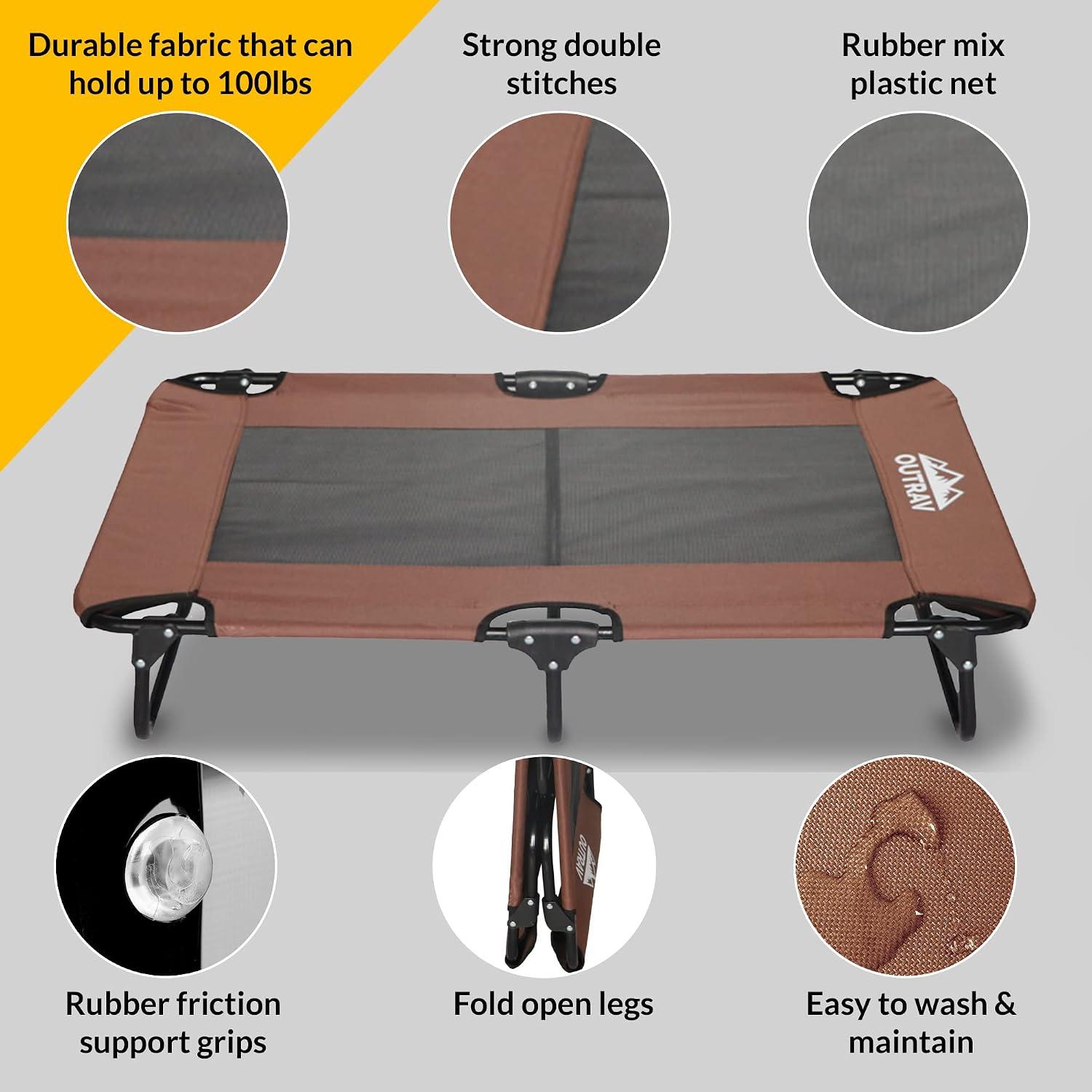 Elevated Dog Cot with Steel Frame - Foldable Raised Play and Rest Bed for Dogs and Cats - Heavy Duty Strong Material Dog Bed - Pet Cot with Bonus Storage Bag (Large 42” x 24” x 8”, Brown)