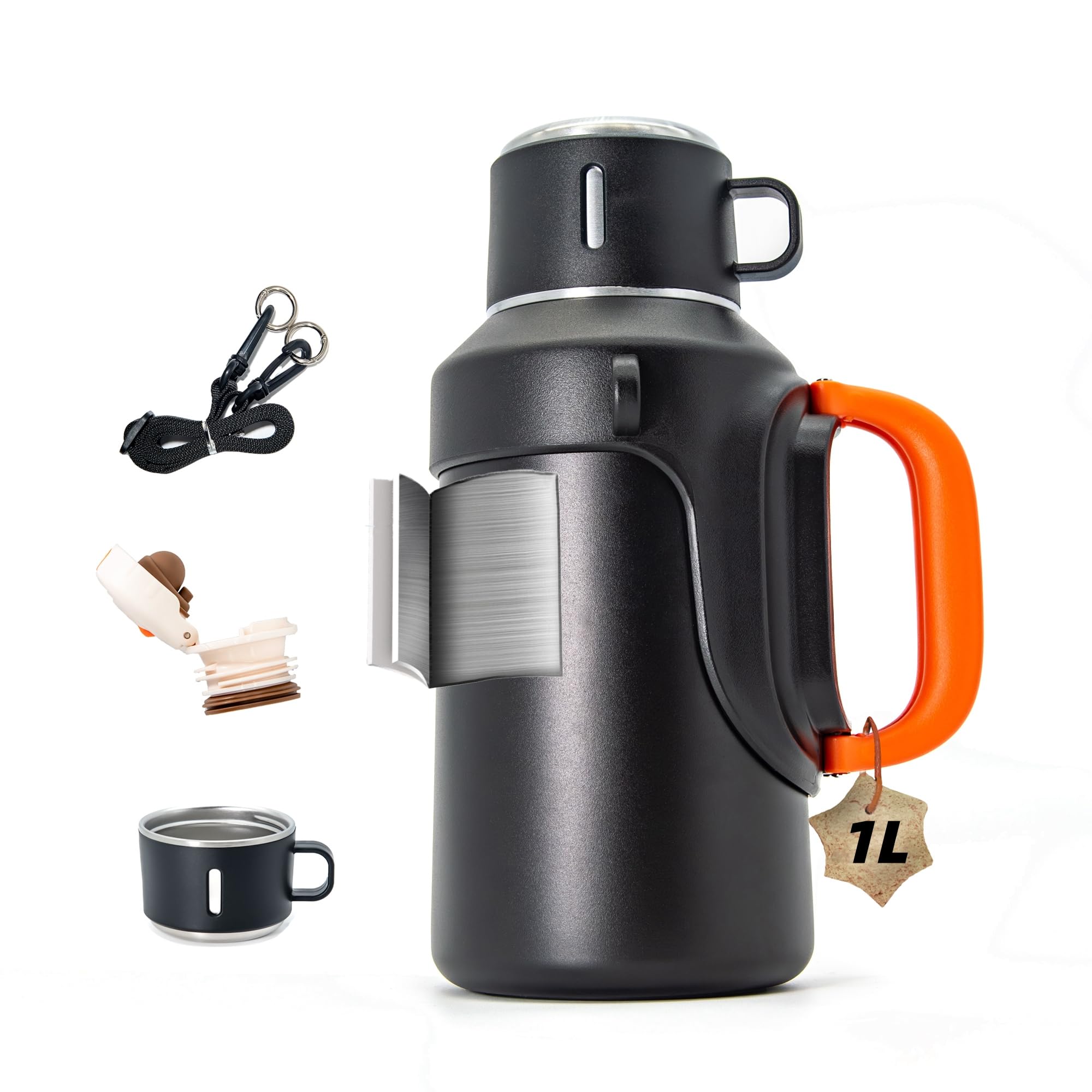 Kybelehoo Edelstahl Isolierflasche 1L auslaufsicher | mit Becher, Henkel und Teesieb, Isolierkanne & Isolierbecher für 24 Stunden heiß, ideal für Reisen, Camping und Angeln