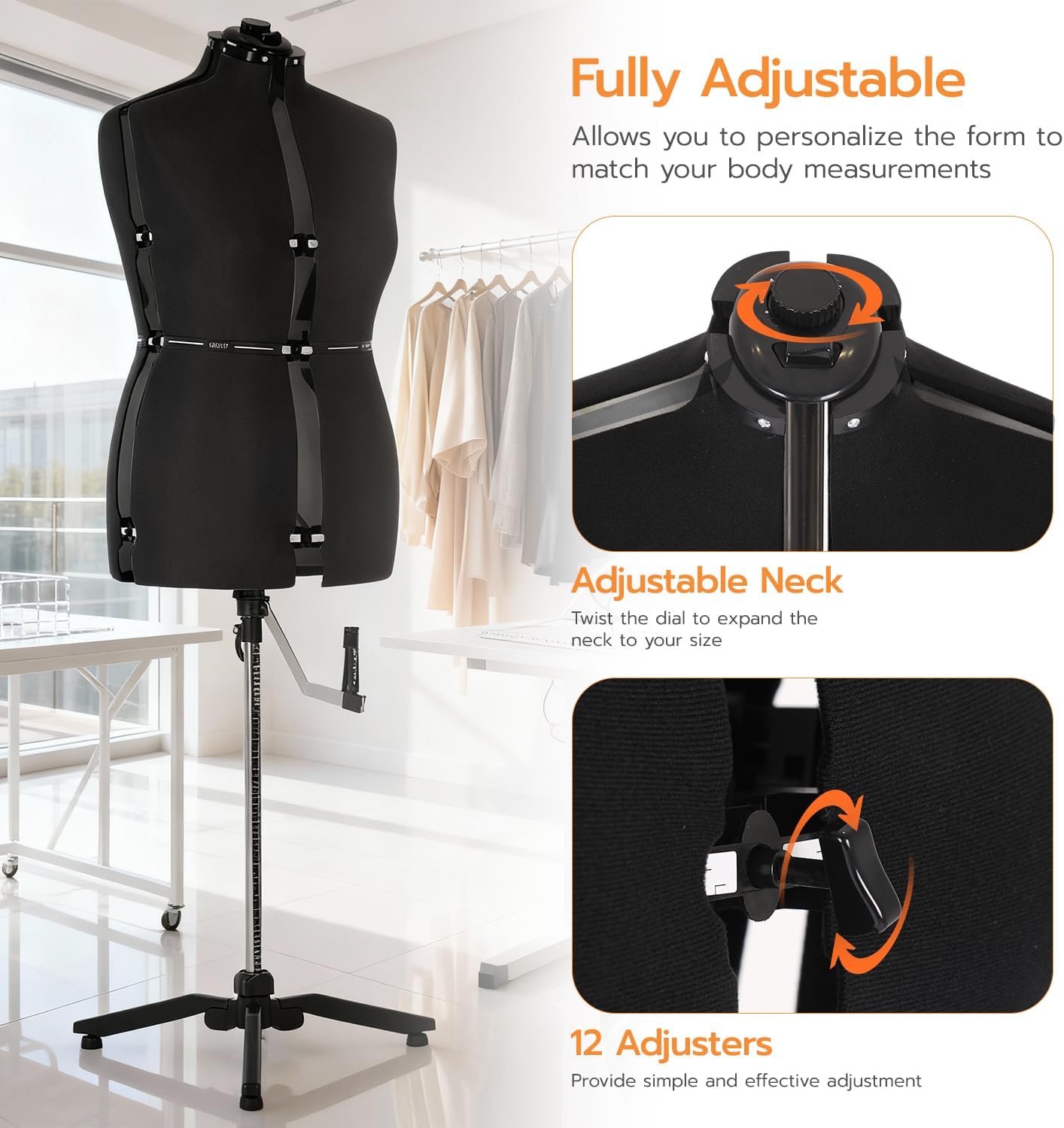 Female Manikin Adjustable Dress Form - Small/Medium Sizes US 4-12 Dress Model Display Torso Body Clothing Forms Adjustment to Waist & Hips & Neck & Back Length & Height to Your Measurements