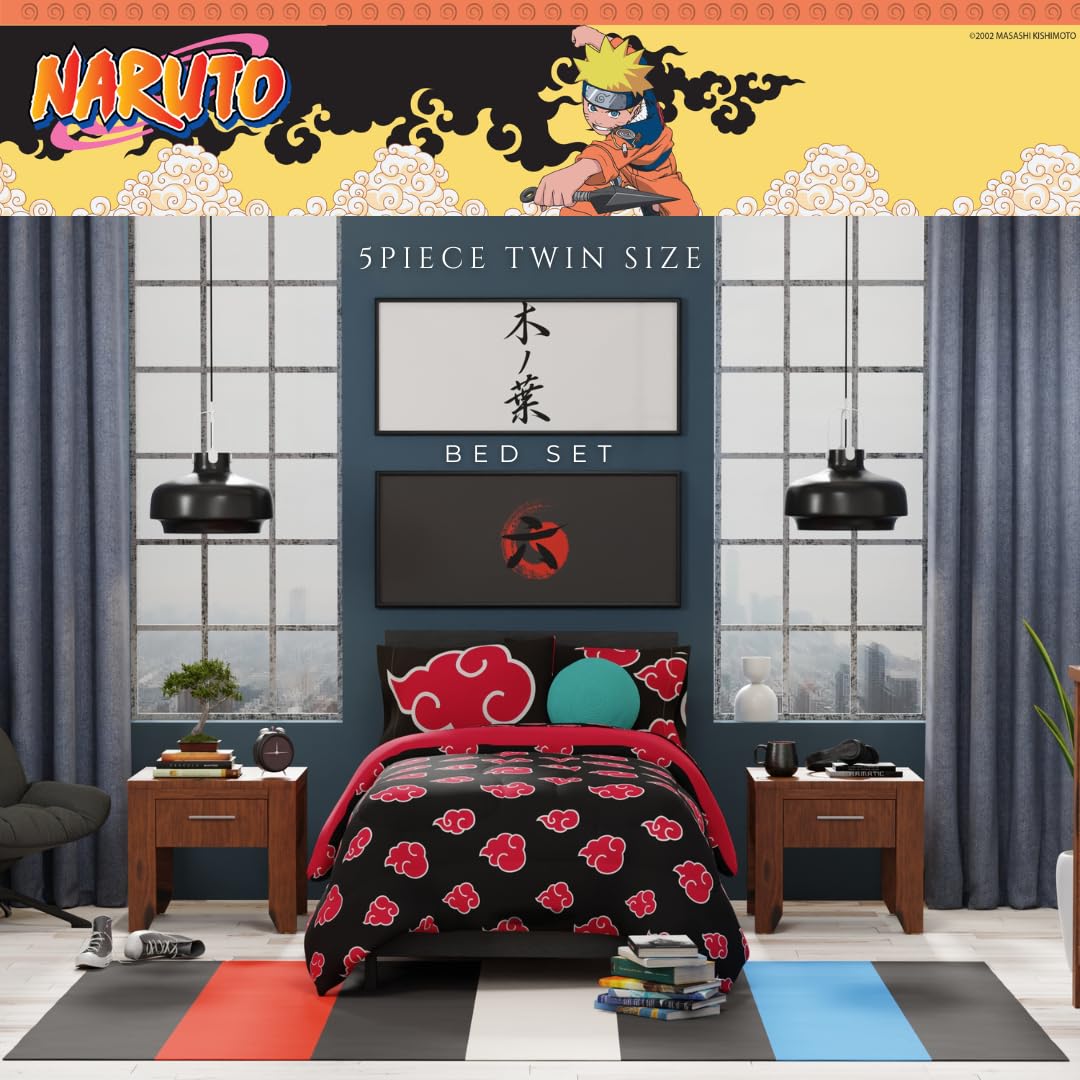 Franco Collectibles Naruto Anime Akatsuki Set de Ropa de Cama 5 Piezas, edredón Reversible Muy Suave con sábanas y Funda de Almohada, tamaño Individual (Producto con Licencia Oficial)