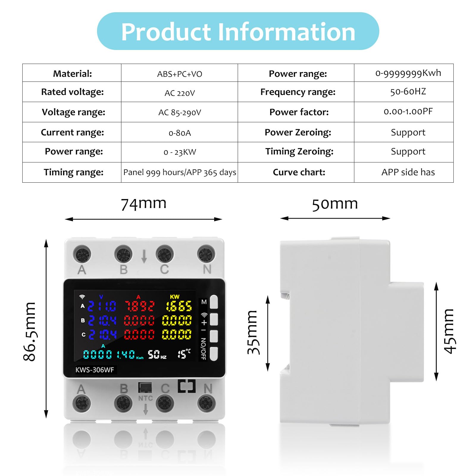 Licznik prądu 3-fazowy, inteligentny licznik prądu z WiFi, inteligentny licznik prądu cyfrowy z WiFi, 80A 220V AC, inteligentny licznik ochrony przed awarią prądu, przegrzaniem, spadkiem napięcia