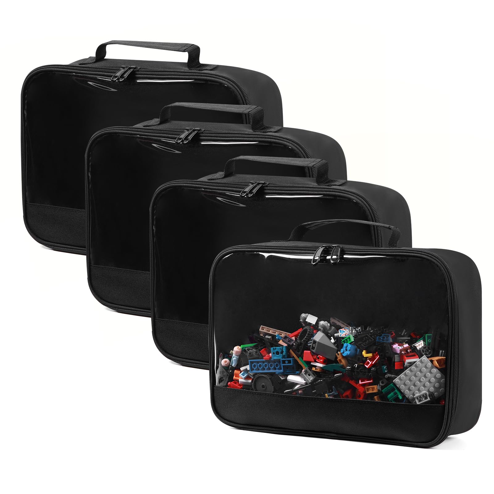 4 PCS Toy Storage Bags, Classic Bricks Building Set Storage Bag, Travel Case for Building Toys, Puzzles, Black
