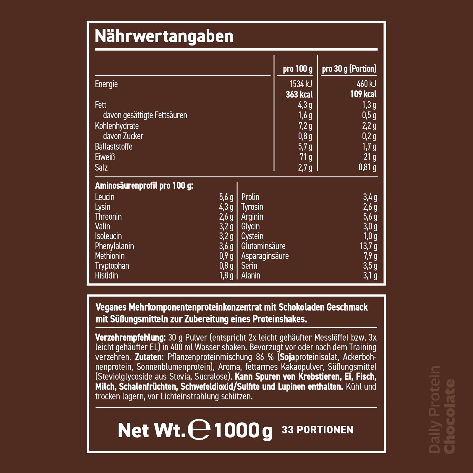 Rocka Nutrition Daily Protein veganes Proteinpulver | Pflanzliches Protein Pulver mit 21 g Protein pro Portion | Perfekt als Shake, im Porridge & für deine Lieblingsrezepte (1 kg, Chocolate)