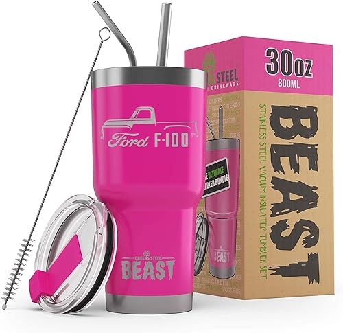 Miniatura 9 de 1953-56 Ford F100 Pickup Truck Beast - Vaso aislado de acero inoxidable de 30 onzas con tapa, 2 popotes, cepillo y caja de regalo, color negro