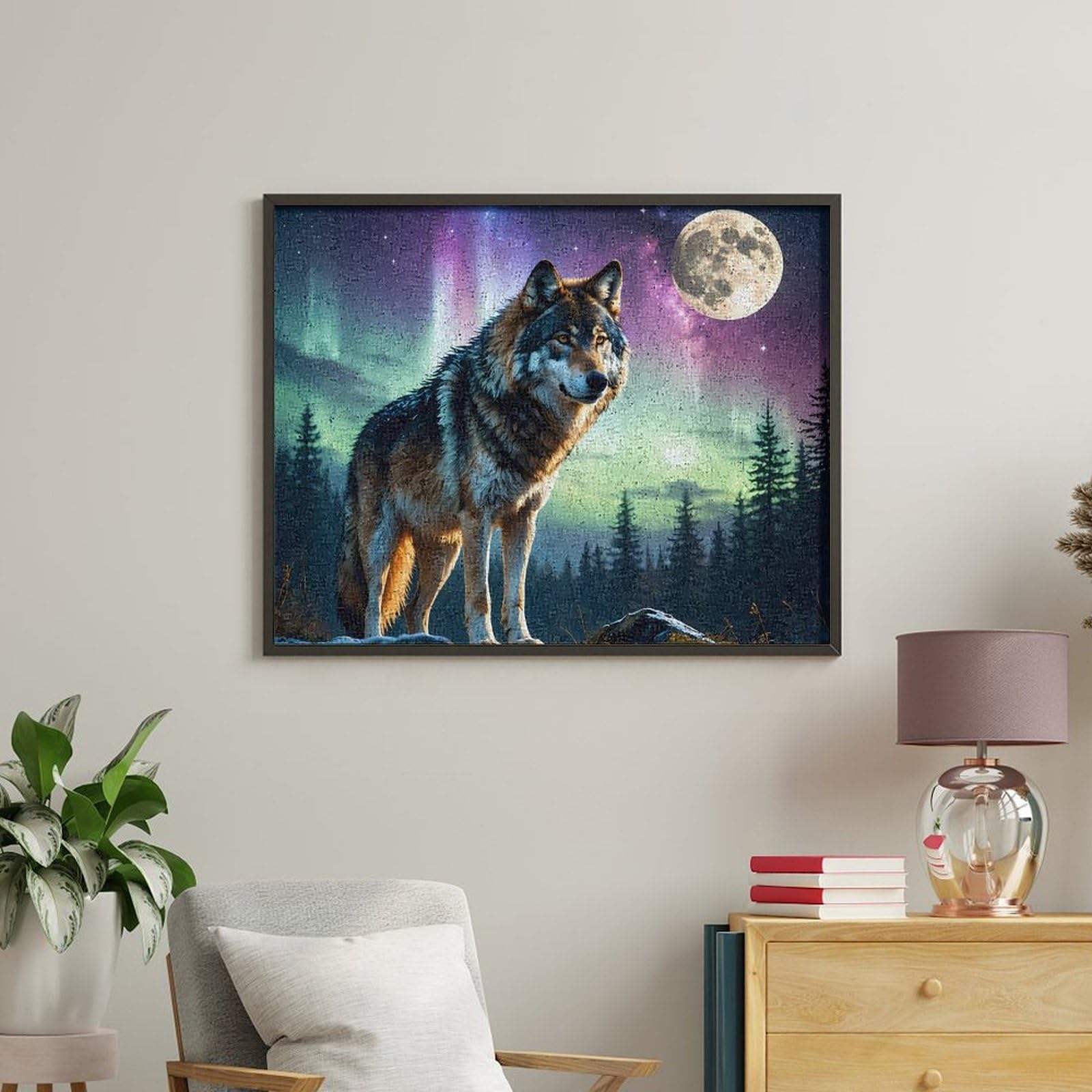 Malen nach Zahlen, Motiv: Wolf Nordlicht, Mond, bedruckt, für Erwachsene, Anfänger, bunt, DIY, einfaches Malen für Zuhause, Wanddekoration