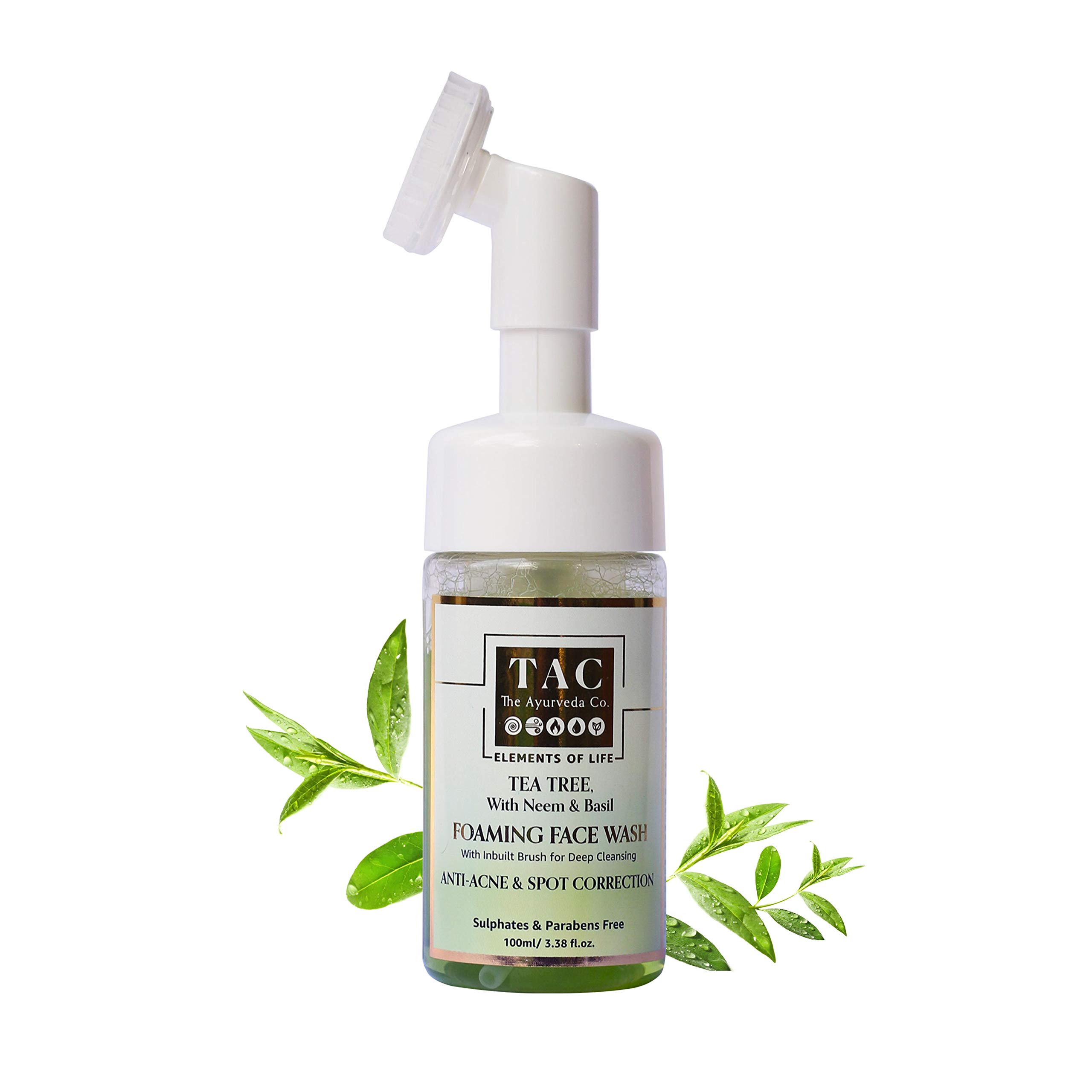 TAC - The Ayurveda Co. Tea Tree Foaming Face Wash with Neem & Basil with Brush for Deep Cleansing with Tea Tree Essential Oil Heals Spots & Acne - Sulphates and Paraben Free - 100ml